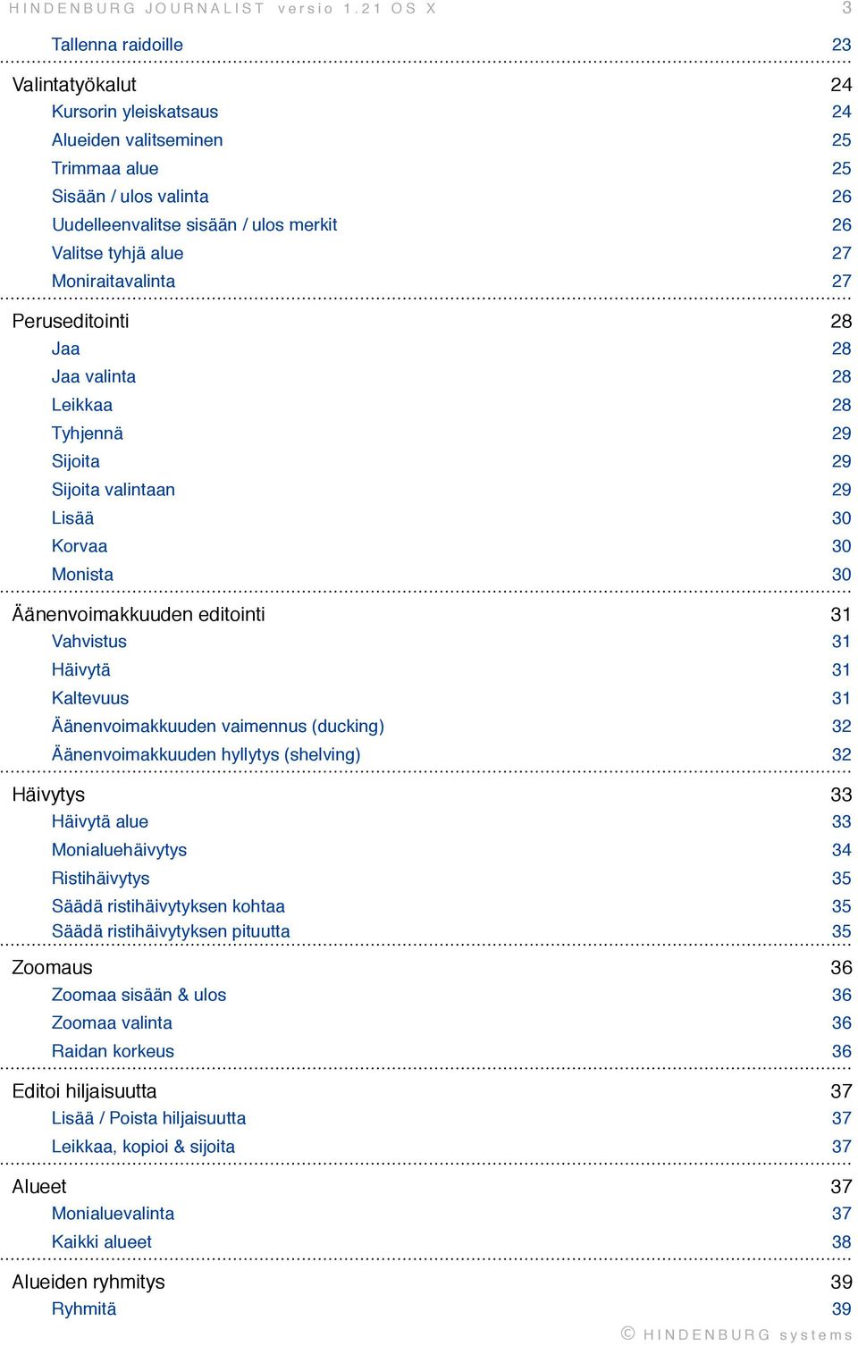 30 Korvaa! 30 Monista! 30 Äänenvoimakkuuden editointi! 31 Vahvistus! 31 Häivytä! 31 Kaltevuus! 31 Äänenvoimakkuuden vaimennus (ducking)! 32 Äänenvoimakkuuden hyllytys (shelving)! 32 Häivytys!