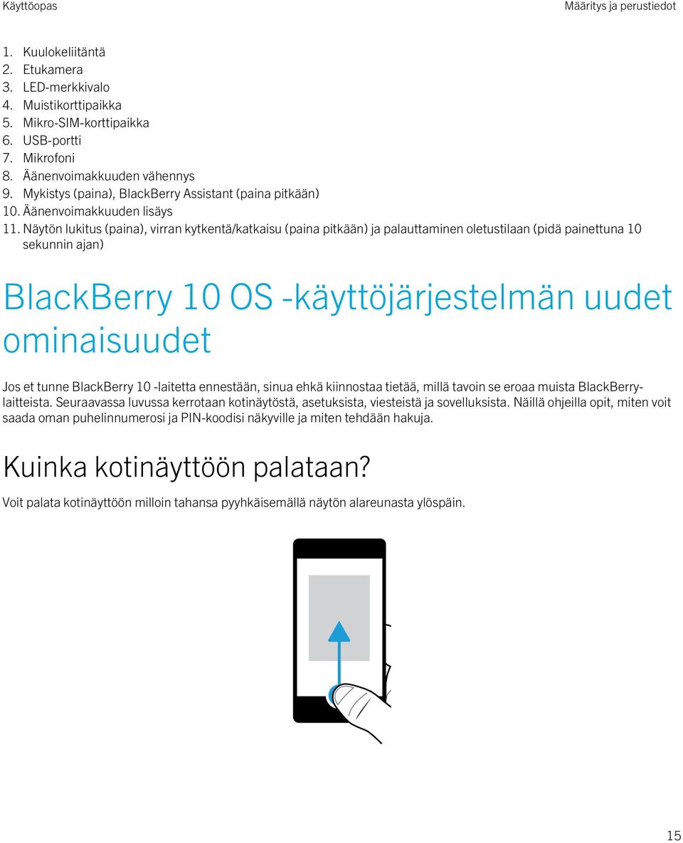 Näytön lukitus (paina), virran kytkentä/katkaisu (paina pitkään) ja palauttaminen oletustilaan (pidä painettuna 10 sekunnin ajan) BlackBerry 10 OS -käyttöjärjestelmän uudet ominaisuudet Jos et tunne