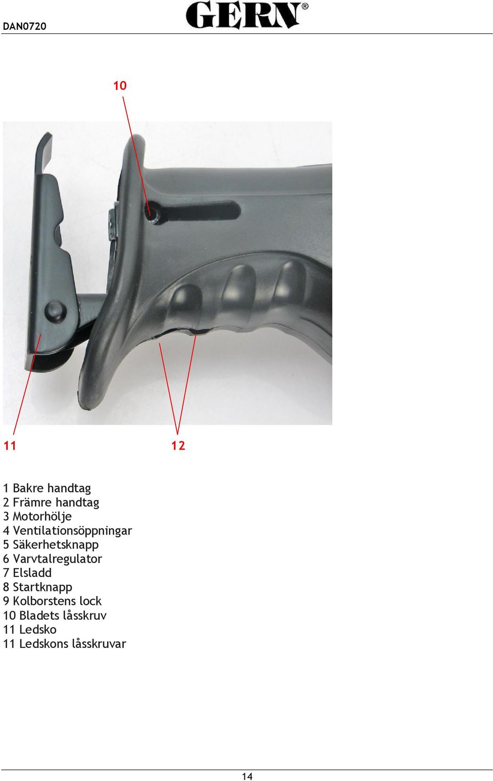 6 Varvtalregulator 7 Elsladd 8 Startknapp 9