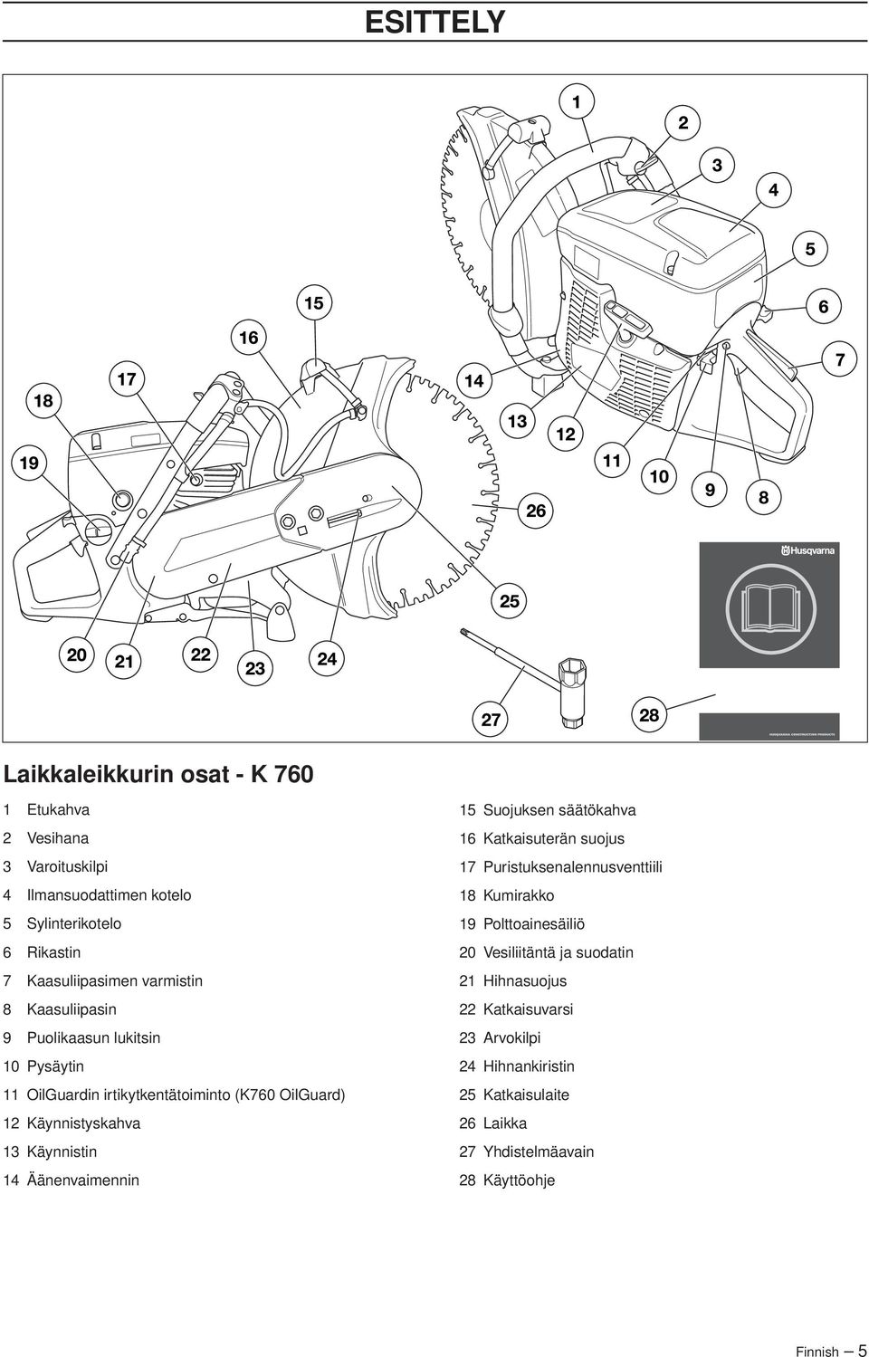 Käynnistyskahva 13 Käynnistin 14 Äänenvaimennin 15 Suojuksen säätökahva 16 Katkaisuterän suojus 17 Puristuksenalennusventtiili 18 Kumirakko 19