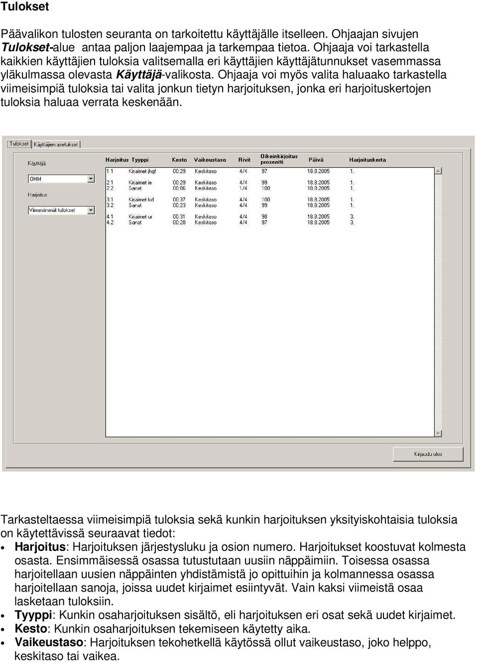 Ohjaaja voi myös valita haluaako tarkastella viimeisimpiä tuloksia tai valita jonkun tietyn harjoituksen, jonka eri harjoituskertojen tuloksia haluaa verrata keskenään.