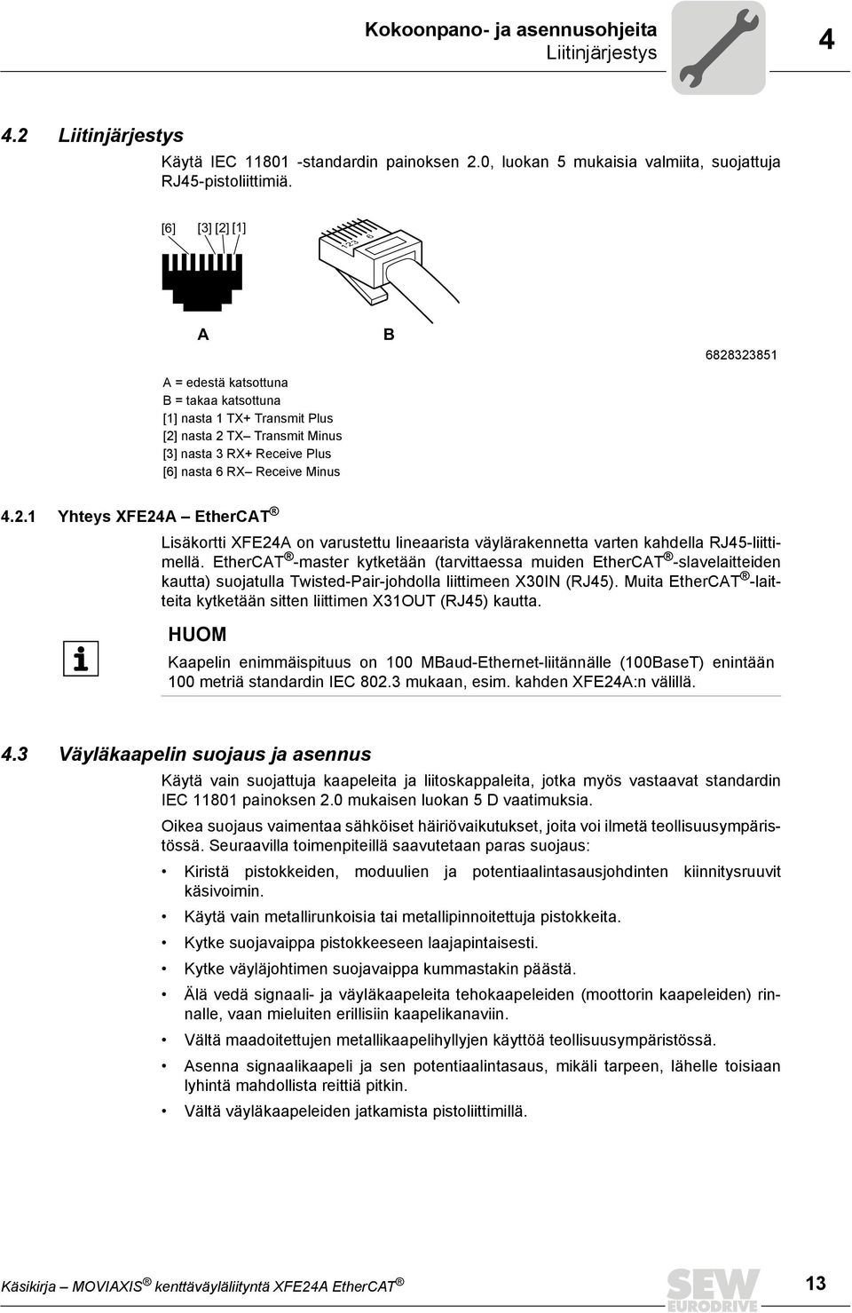 2.1 Yhteys XFE24A EtherCAT Lisäkortti XFE24A on varustettu lineaarista väylärakennetta varten kahdella RJ45-liittimellä.