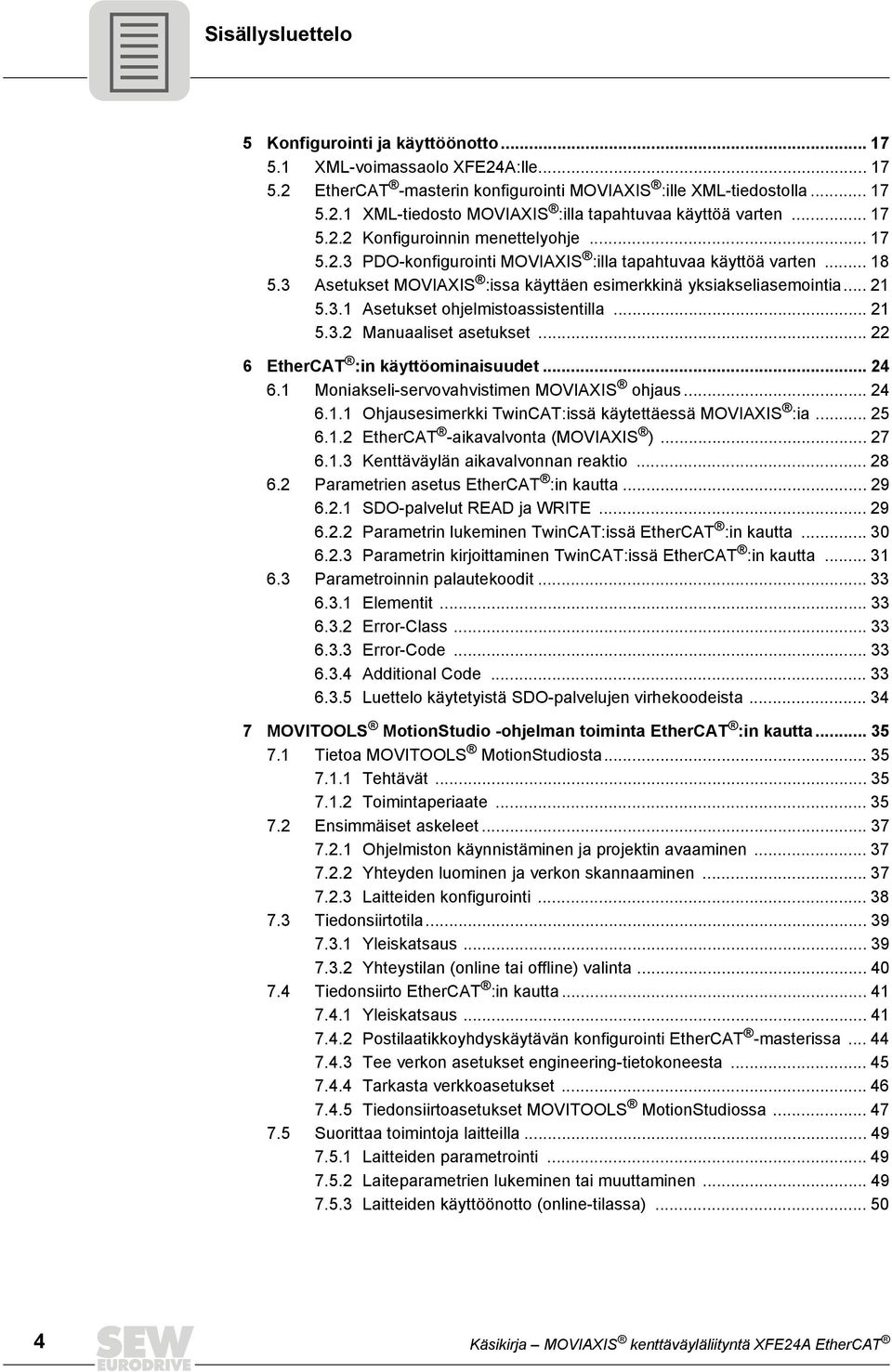 .. 21 5.3.2 Manuaaliset asetukset... 22 6 EtherCAT :in käyttöominaisuudet... 24 6.1 Moniakseli-servovahvistimen MOVIAXIS ohjaus... 24 6.1.1 Ohjausesimerkki TwinCAT:issä käytettäessä MOVIAXIS :ia.