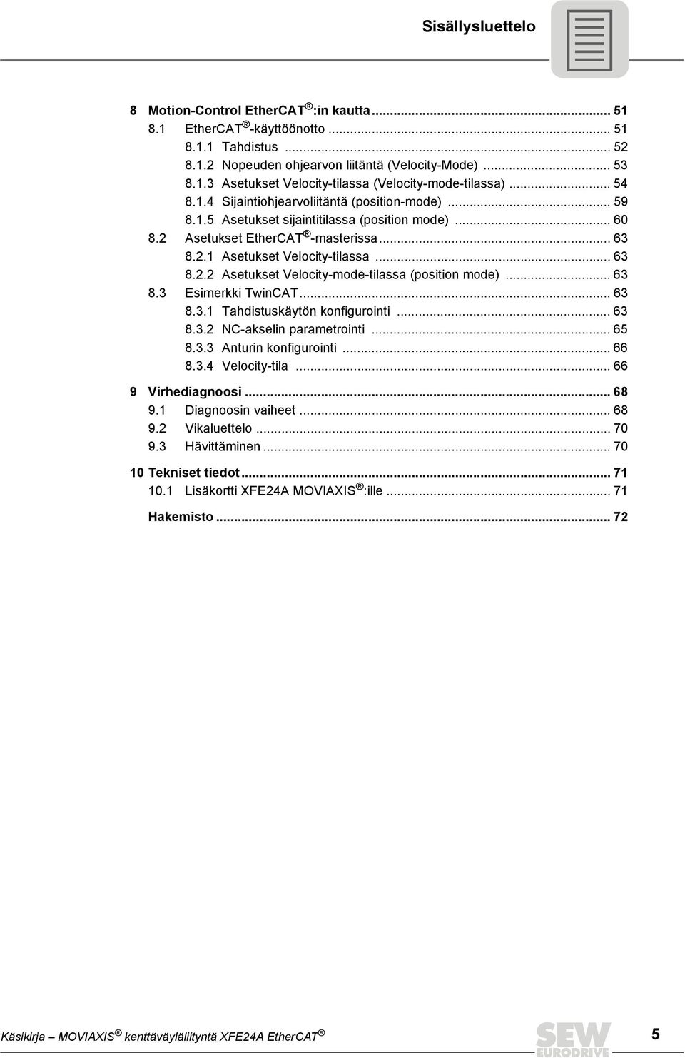 .. 63 8.3 Esimerkki TwinCAT... 63 8.3.1 Tahdistuskäytön konfigurointi... 63 8.3.2 NC-akselin parametrointi... 65 8.3.3 Anturin konfigurointi... 66 8.3.4 Velocity-tila... 66 9 Virhediagnoosi... 68 9.