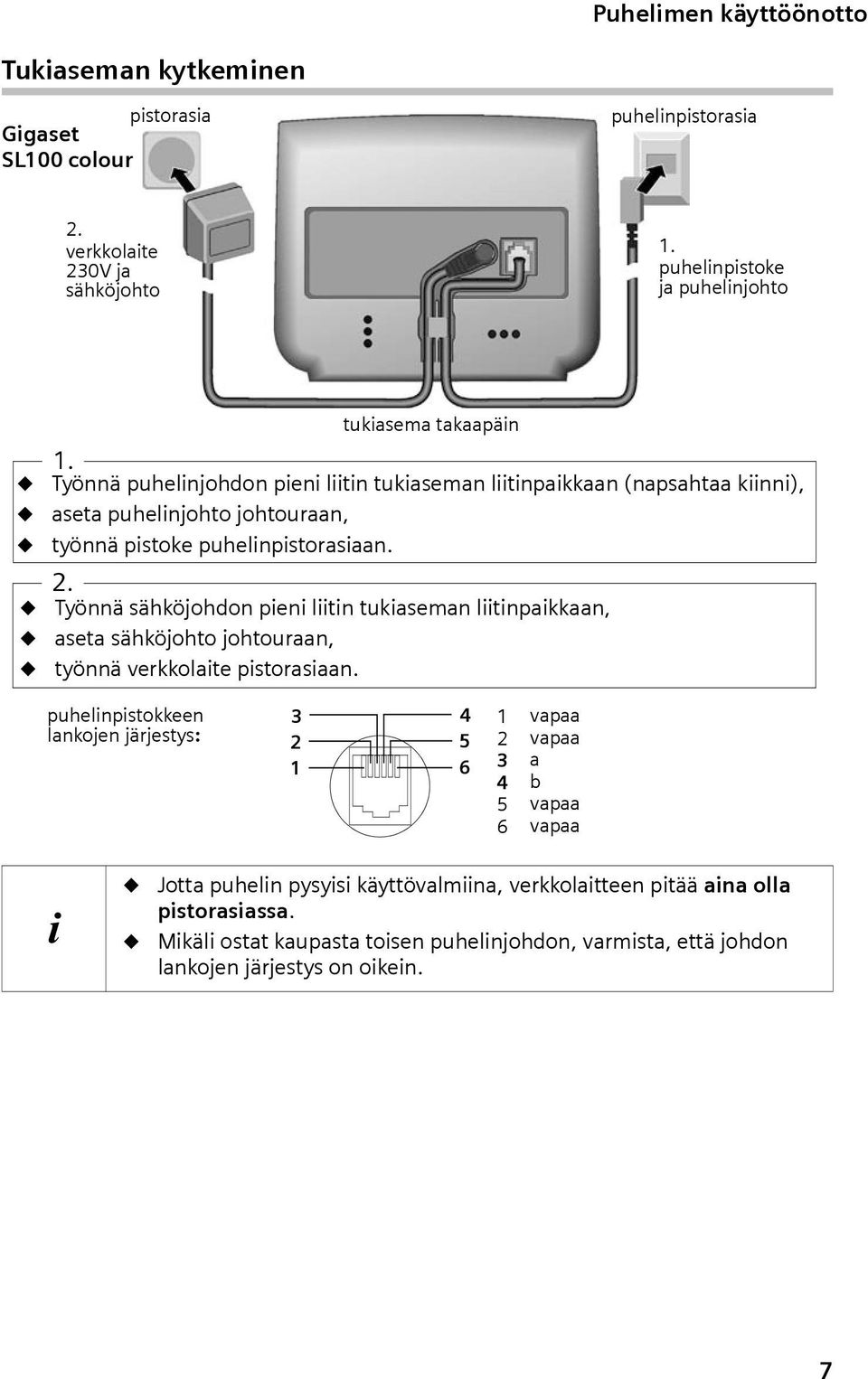 Työnnä puhelinjohdon pieni liitin tukisemn liitinpikkn (npsht kiinni), set puhelinjohto johtourn, työnnä pistoke puhelinpistorsin. 2.