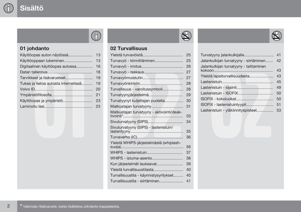 .. 28 Volvo ID... 20 Turvallisuus - varoitussymboli... 28 Ympäristöfilosofia... 21 Turvatyynyjärjestelmä... 29 Käyttöopas ja ympäristö... 23 Turvatyynyt kuljettajan puolella... 30 Laminoitu lasi.