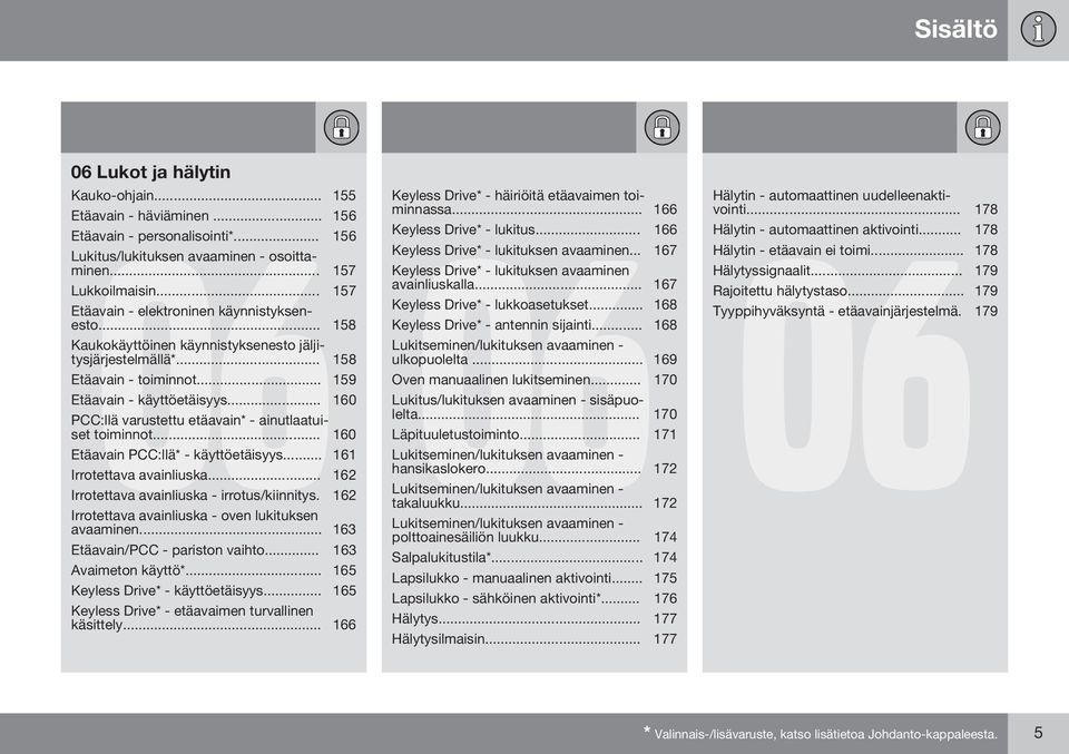 .. 160 PCC:llä varustettu etäavain* - ainutlaatuiset toiminnot... 160 Etäavain PCC:llä* - käyttöetäisyys... 161 Irrotettava avainliuska... 162 Irrotettava avainliuska - irrotus/kiinnitys.