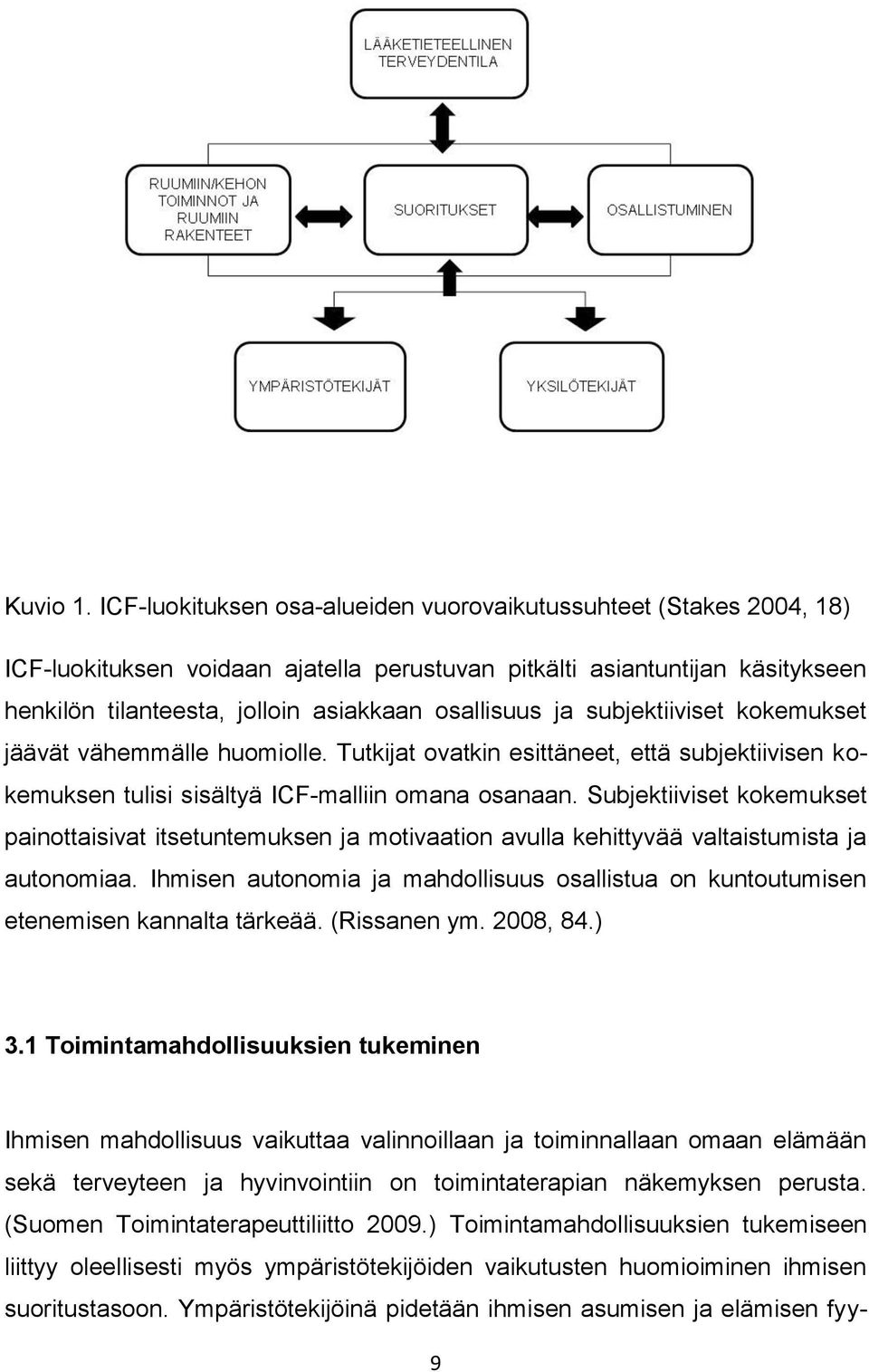 ja subjektiiviset kokemukset jäävät vähemmälle huomiolle. Tutkijat ovatkin esittäneet, että subjektiivisen kokemuksen tulisi sisältyä ICF-malliin omana osanaan.