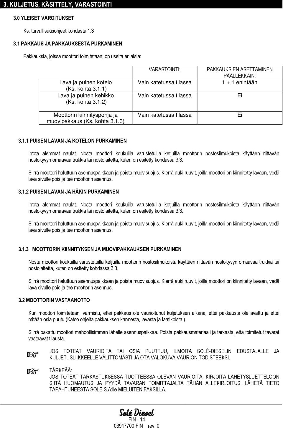 kohta 3.1.3) VARASTOINTI: Vain katetussa tilassa Vain katetussa tilassa Vain katetussa tilassa PAKKAUKSIEN ASETTAMINEN PÄÄLLEKKÄIN: 1 + 1 enintään Ei Ei 3.1.1 PUISEN LAVAN JA KOTELON PURKAMINEN Irrota alemmat naulat.