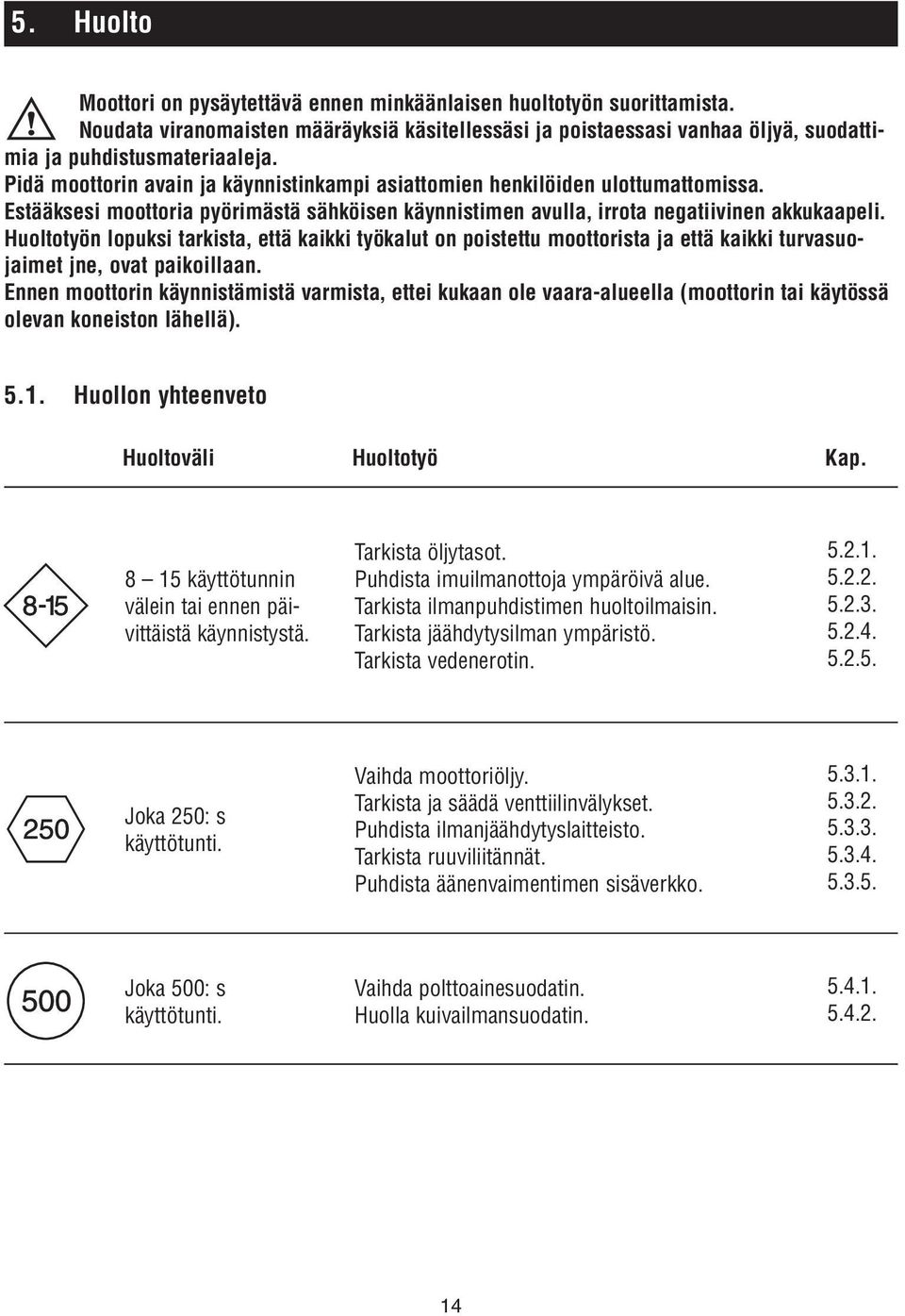 Huoltotyön lopuksi tarkista, että kaikki työkalut on poistettu moottorista ja että kaikki turvasuojaimet jne, ovat paikoillaan.