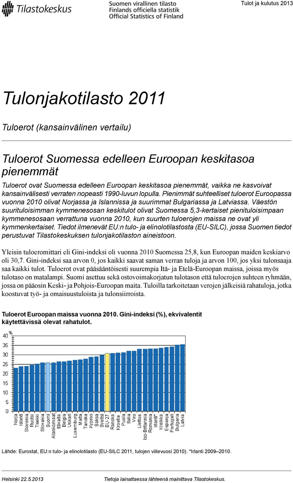 Väestön suurituloisimman kymmenesosan keskitulot olivat Suomessa 5,3-kertaiset pienituloisimpaan kymmenesosaan verrattuna vuonna 2010, kun suurten tuloerojen maissa ne ovat yli kymmenkertaiset.