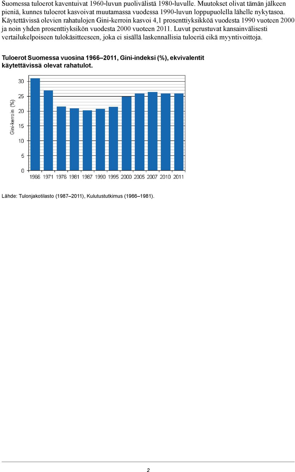 Käytettävissä olevien rahatulojen Gini-kerroin kasvoi 4,1 prosenttiyksikköä vuodesta 1990 vuoteen 2000 ja noin yhden prosenttiyksikön vuodesta 2000 vuoteen 2011.