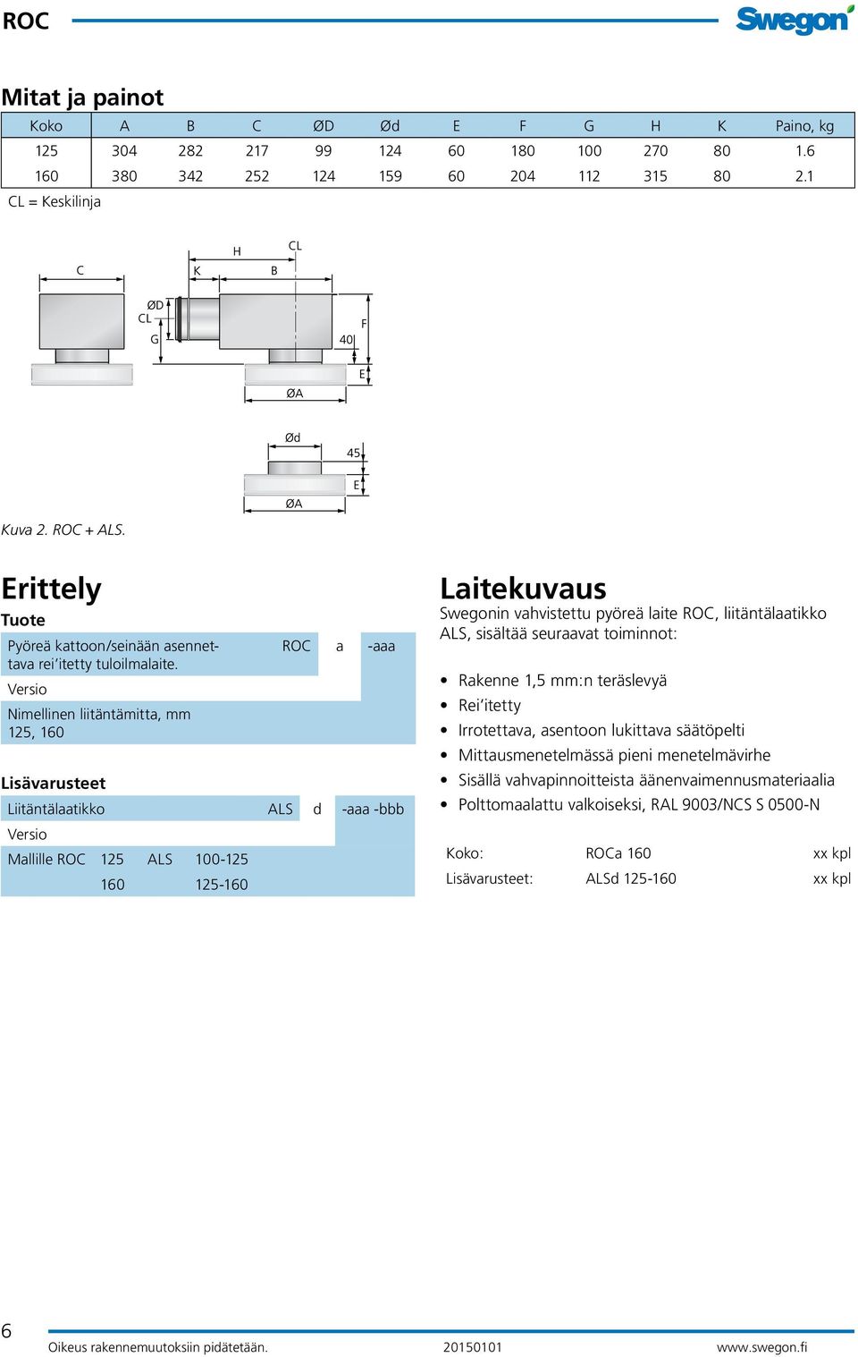 Versio Nimellinen liitäntämitta, mm 1, a -aaa Lisävarusteet Liitäntälaatikko ALS d -aaa -bbb Versio Mallille 1 ALS -1 1- Laitekuvaus Swegonin vahvistettu pyöreä laite, liitäntälaatikko ALS,