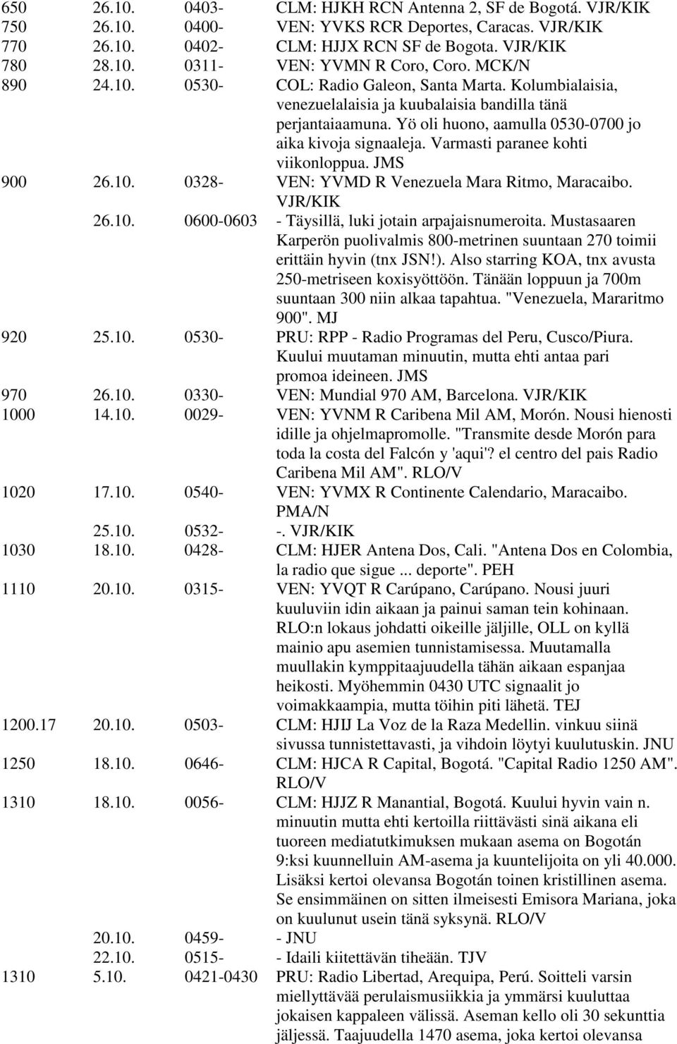 Varmasti paranee kohti viikonloppua. JMS 900 26.10. 0328- VEN: YVMD R Venezuela Mara Ritmo, Maracaibo. VJR/KIK 26.10. 0600-0603 - Täysillä, luki jotain arpajaisnumeroita.