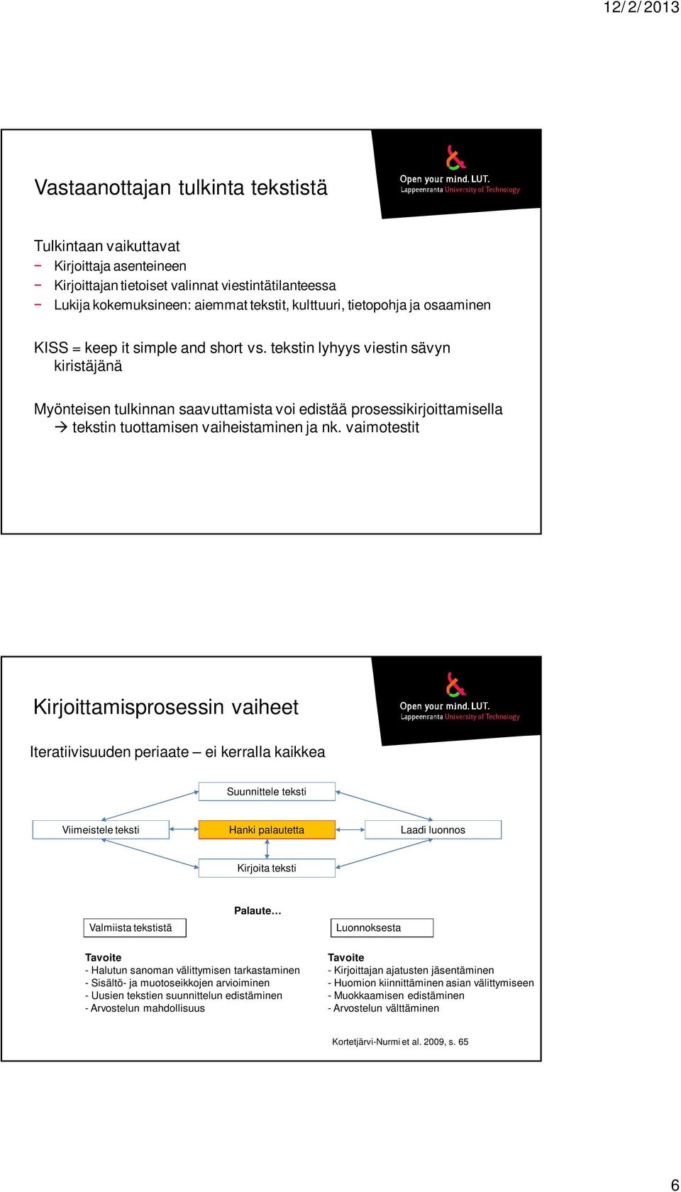 vaimotestit Kirjoittamisprosessin vaiheet Iteratiivisuuden periaate ei kerralla kaikkea Suunnittele teksti Viimeistele teksti Hanki palautetta Laadi luonnos Kirjoita teksti Valmiista tekstistä