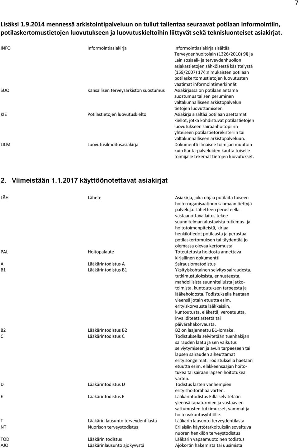 INFO Informointiasiakirja Informointiasiakirja sisältää Terveydenhuoltolain (1326/2010) 9 ja Lain sosiaali- ja terveydenhuollon asiakastietojen sähköisestä käsittelystä (159/2007) 17 :n mukaisten