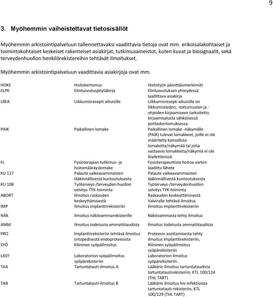 Myöhemmin arkistointipalveluun vaadittavia asiakirjoja ovat mm.