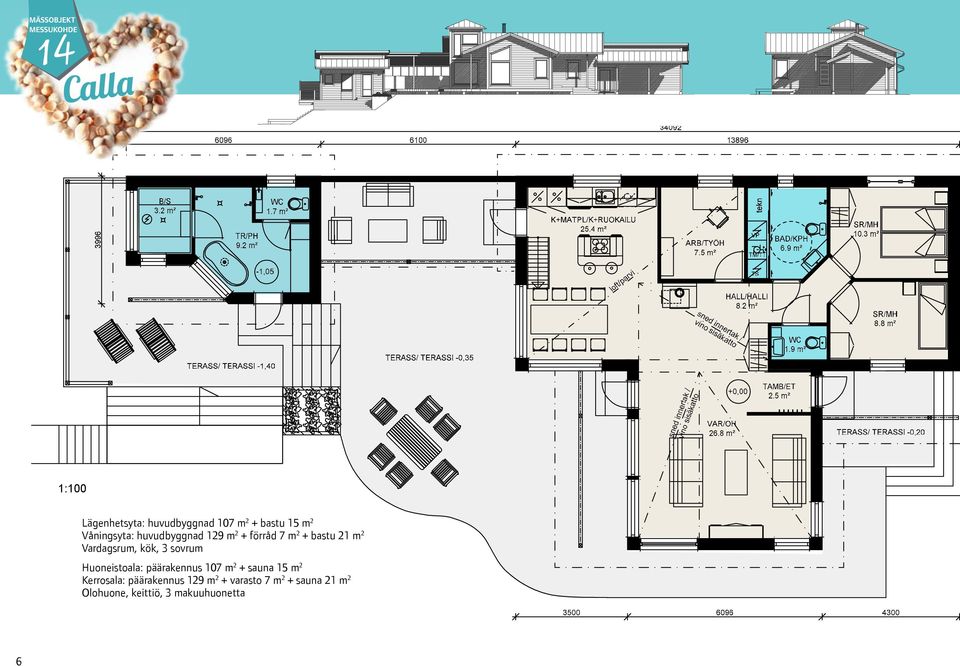 sovrum Huoneistoala: päärakennus 107 m 2 + sauna 15 m 2 Kerrosala: