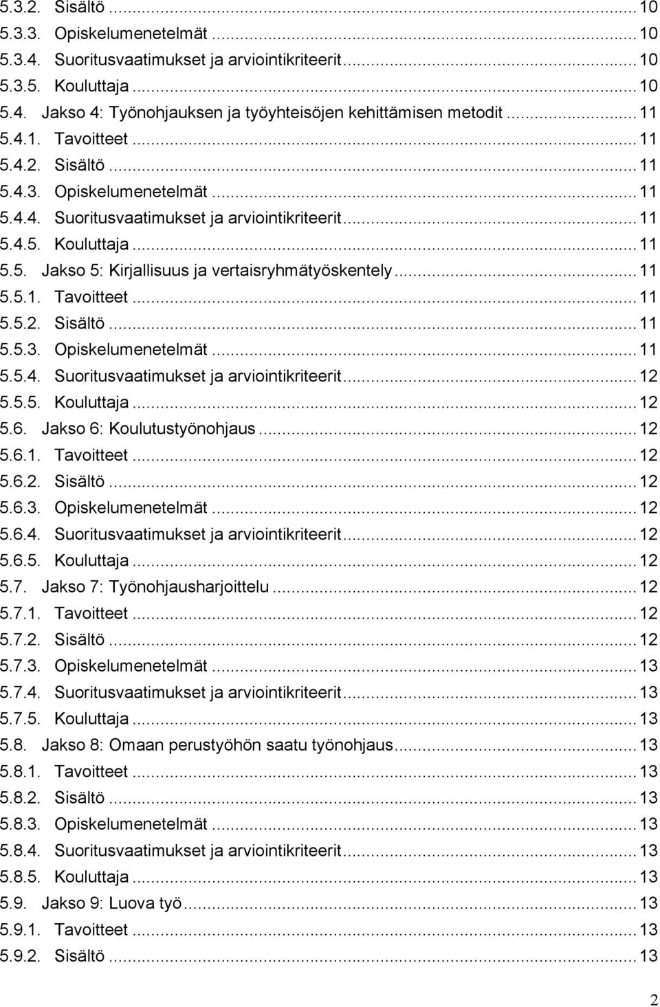 .. 11 5.5.1. Tavoitteet... 11 5.5.2. Sisältö... 11 5.5.3. Opiskelumenetelmät... 11 5.5.4. Suoritusvaatimukset ja arviointikriteerit... 12 5.5.5. Kouluttaja... 12 5.6. Jakso 6: Koulutustyönohjaus.