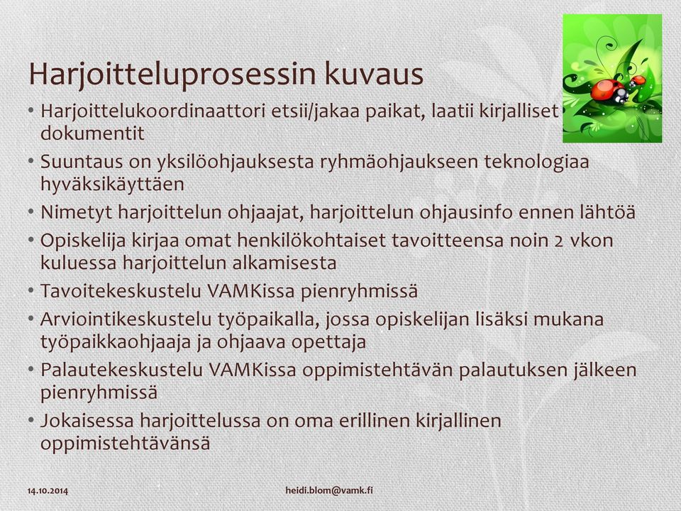 vkon kuluessa harjoittelun alkamisesta Tavoitekeskustelu VAMKissa pienryhmissä Arviointikeskustelu työpaikalla, jossa opiskelijan lisäksi mukana