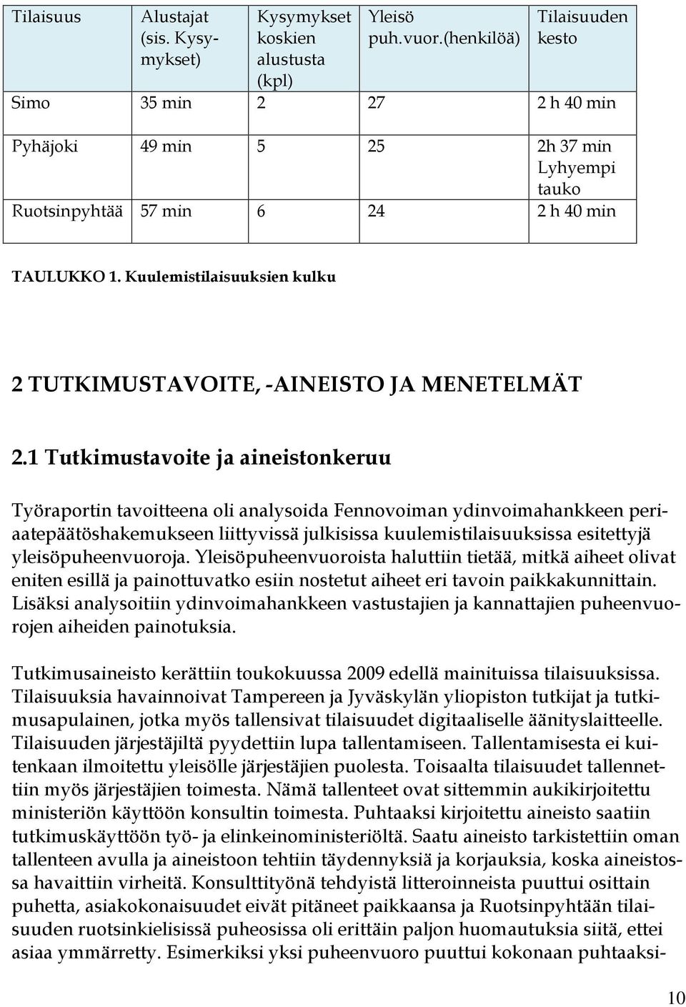 Kuulemistilaisuuksien kulku 2 TUTKIMUSTAVOITE, -AINEISTO JA MENETELMÄT 2.