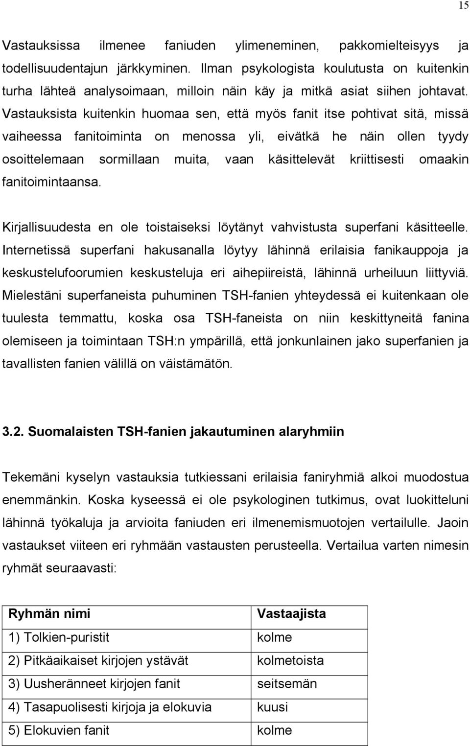 Vastauksista kuitenkin huomaa sen, että myös fanit itse pohtivat sitä, missä vaiheessa fanitoiminta on menossa yli, eivätkä he näin ollen tyydy osoittelemaan sormillaan muita, vaan käsittelevät