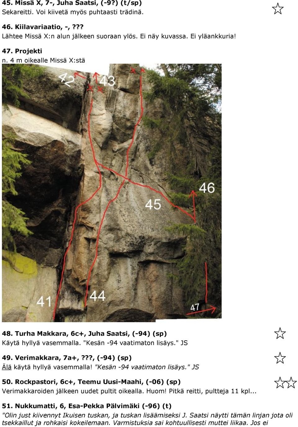 ??, (-94) (sp) Älä käytä hyllyä vasemmalla! "Kesän -94 vaatimaton lisäys." JS 50. Rockpastori, 6c+, Teemu Uusi-Maahi, (-06) (sp) Verimakkaroiden jälkeen uudet pultit oikealla. Huom!