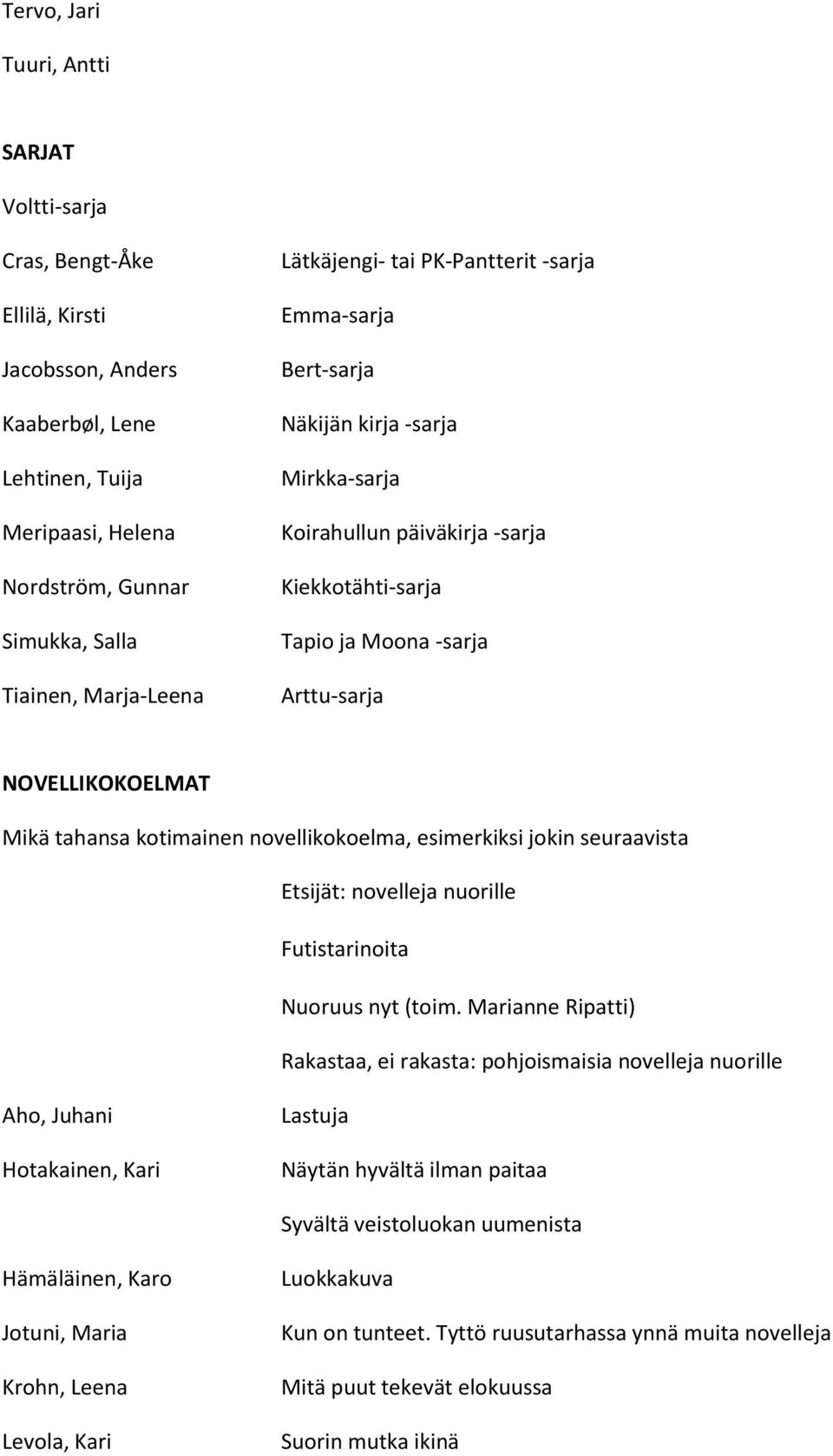 tahansa kotimainen novellikokoelma, esimerkiksi jokin seuraavista Etsijät: novelleja nuorille Futistarinoita Nuoruus nyt (toim.