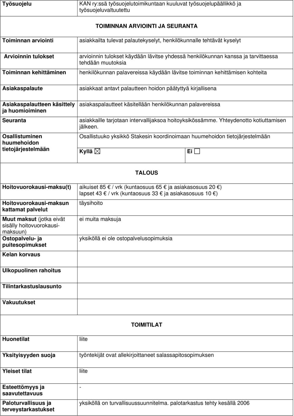 tulokset käydään lävitse yhdessä henkilökunnan kanssa ja tarvittaessa tehdään muutoksia henkilökunnan palavereissa käydään lävitse toiminnan kehittämisen kohteita asiakkaat antavt palautteen hoidon