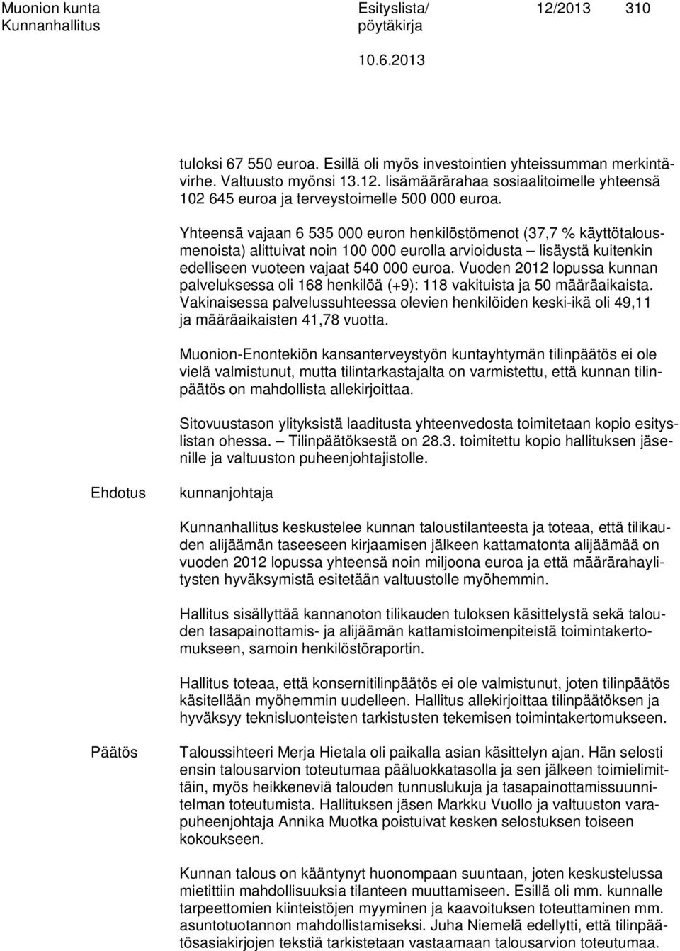 Vuoden 2012 lopussa kunnan palveluksessa oli 168 henkilöä (+9): 118 vakituista ja 50 määräaikaista.