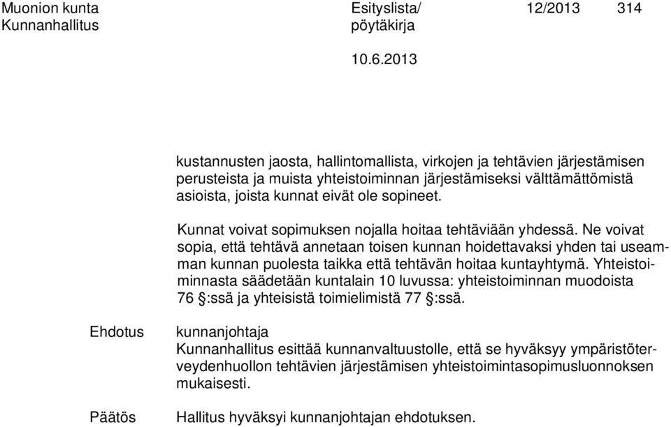 Ne voivat sopia, että tehtävä annetaan toisen kunnan hoidettavaksi yhden tai useamman kunnan puolesta taikka että tehtävän hoitaa kuntayhtymä.