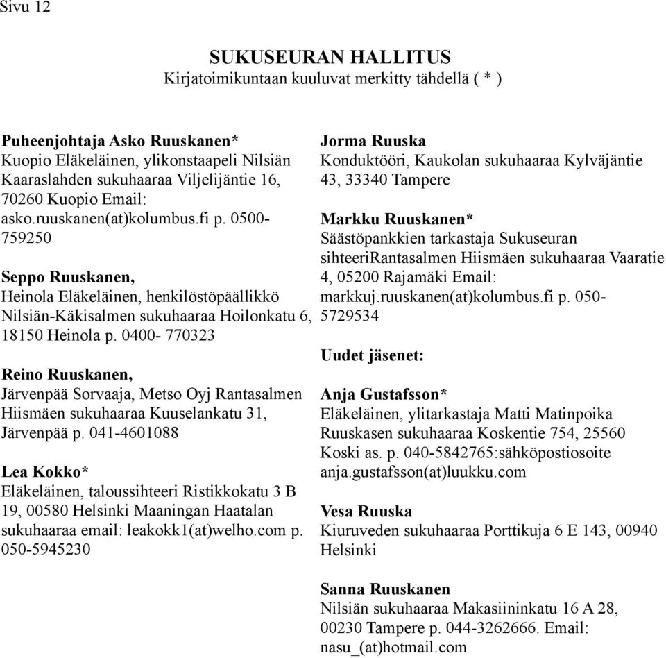 0500759250 Jorma Ruuska Konduktööri, Kaukolan sukuhaaraa Kylväjäntie 43, 33340 Tampere Markku Ruuskanen* Säästöpankkien tarkastaja Sukuseuran sihteerirantasalmen Hiismäen sukuhaaraa Vaaratie Seppo