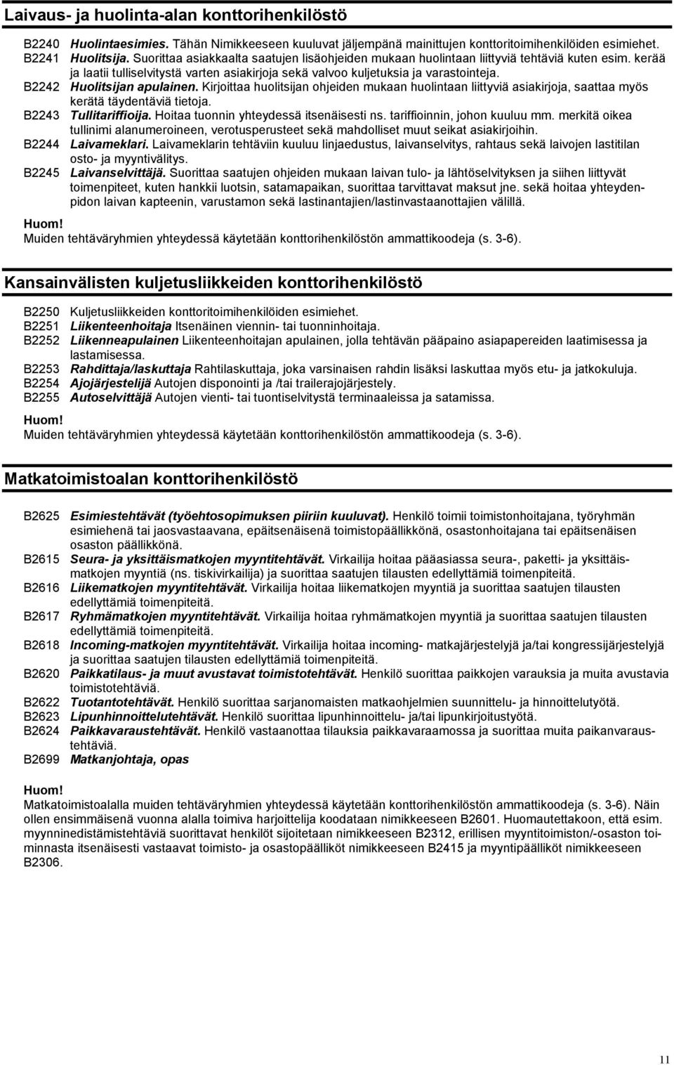 B2242 Huolitsijan apulainen. Kirjoittaa huolitsijan ohjeiden mukaan huolintaan liittyviä asiakirjoja, saattaa myös kerätä täydentäviä tietoja. B2243 Tullitariffioija.