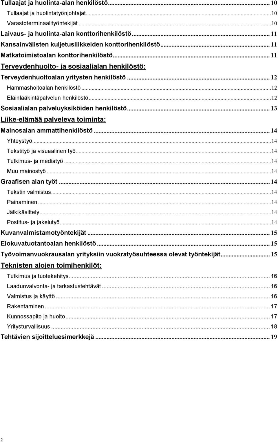 .. 12 Hammashoitoalan henkilöstö...12 Eläinlääkintäpalvelun henkilöstö...12 Sosiaalialan palveluyksiköiden henkilöstö... 13 Liike-elämää palveleva toiminta: Mainosalan ammattihenkilöstö... 14 Yhteystyö.