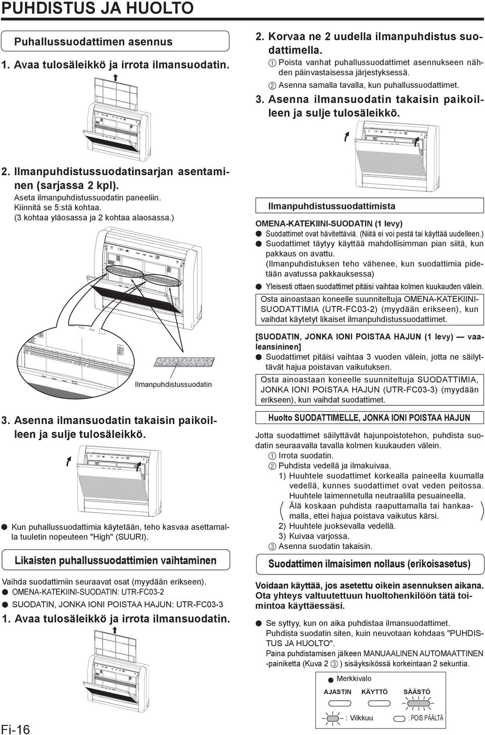 Asenna ilmansuodatin takaisin paikoilleen ja sulje tulosäleikkö. 2. Ilmanpuhdistussuodatinsarjan asentaminen (sarjassa 2 kpl). Aseta ilmanpuhdistussuodatin paneeliin. Kiinnitä se 5:stä kohtaa.