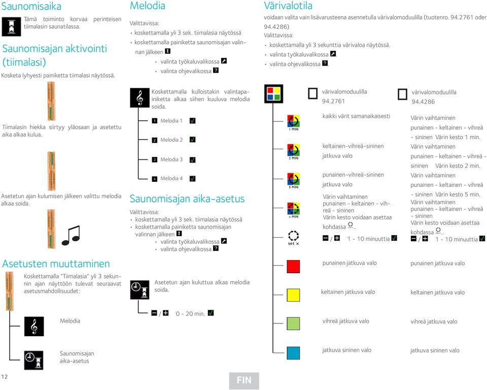 tiimalasia näytössä koskettamalla painiketta saunomisajan valinnan jälkeen valinta työkaluvalikossa valinta ohjevalikossa Värivalotila voidaan valita vain lisävarusteena asennetulla