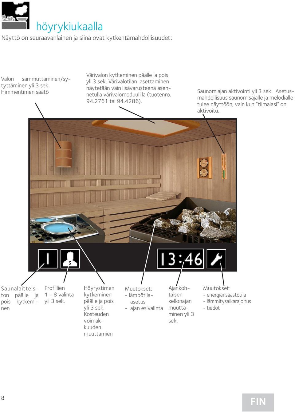 Asetusmahdollisuus sauno misajalle ja melodialle tulee näyttöön, vain kun tiimalasi on aktivoitu. Saunalaitteiston päälle ja pois kytkeminen Profiilien 1-8 valinta yli 3 sek.