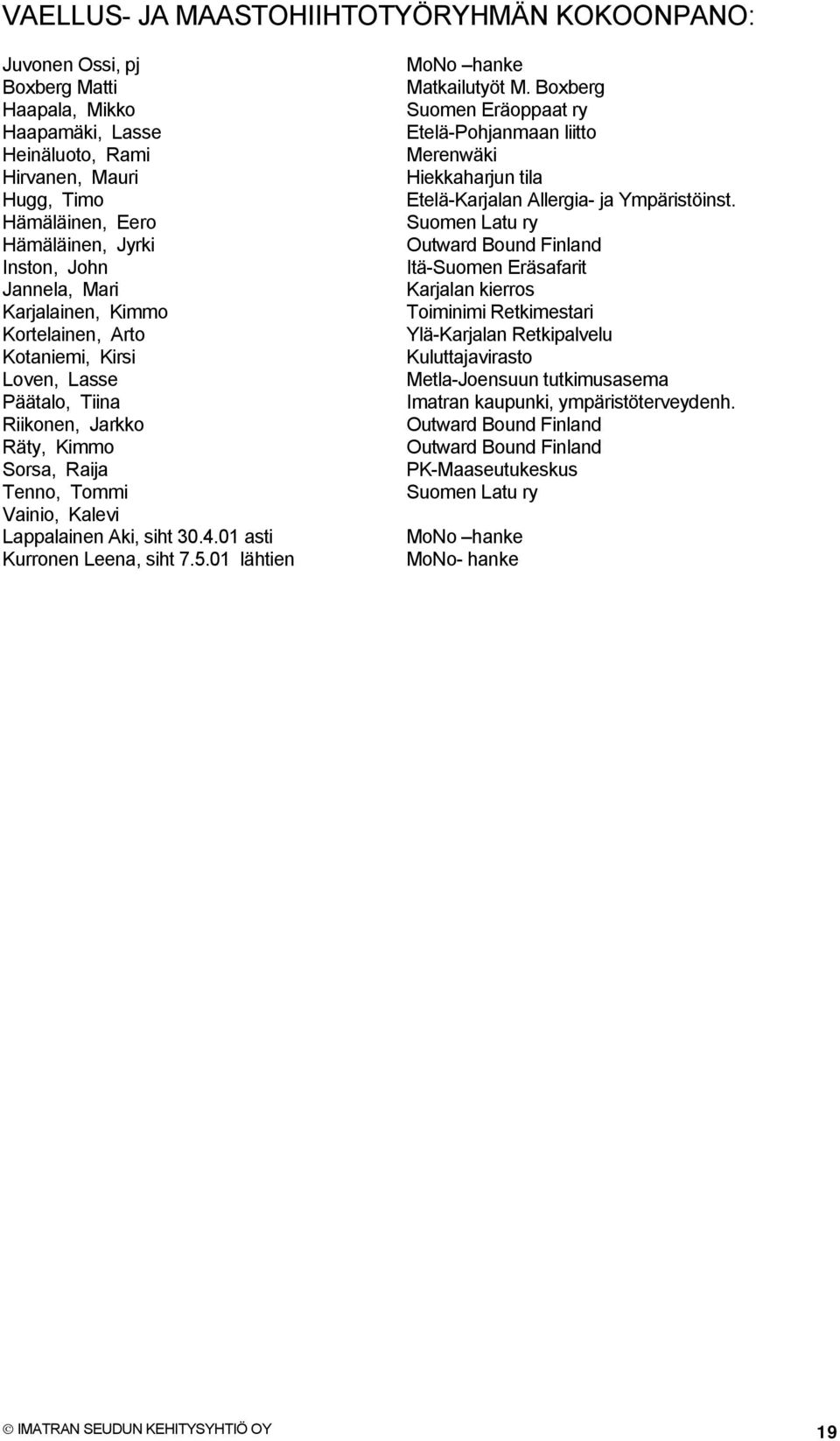 01 asti Kurronen Leena, siht 7.5.01 lähtien MoNo hanke Matkailutyöt M. Boxberg Suomen Eräoppaat ry Etelä-Pohjanmaan liitto Merenwäki Hiekkaharjun tila Etelä-Karjalan Allergia- ja Ympäristöinst.