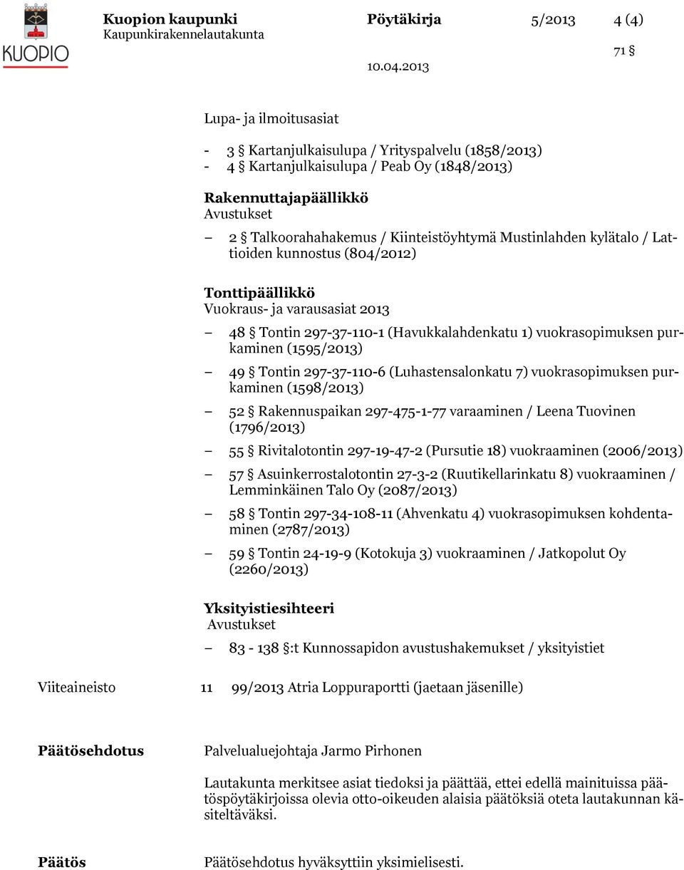 49 Tontin 297-37-110-6 (Luhastensalonkatu 7) vuokrasopimuksen purkaminen (1598/2013) 52 Rakennuspaikan 297-475-1-77 varaaminen / Leena Tuovinen (1796/2013) 55 Rivitalotontin 297-19-47-2 (Pursutie 18)