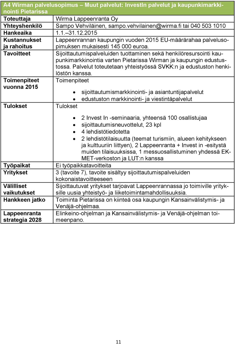 Tavoitteet Sijoittautumispalveluiden tuottaminen sekä henkilöresursointi kaupunkimarkkinointia varten Pietarissa Wirman ja kaupungin edustustossa.