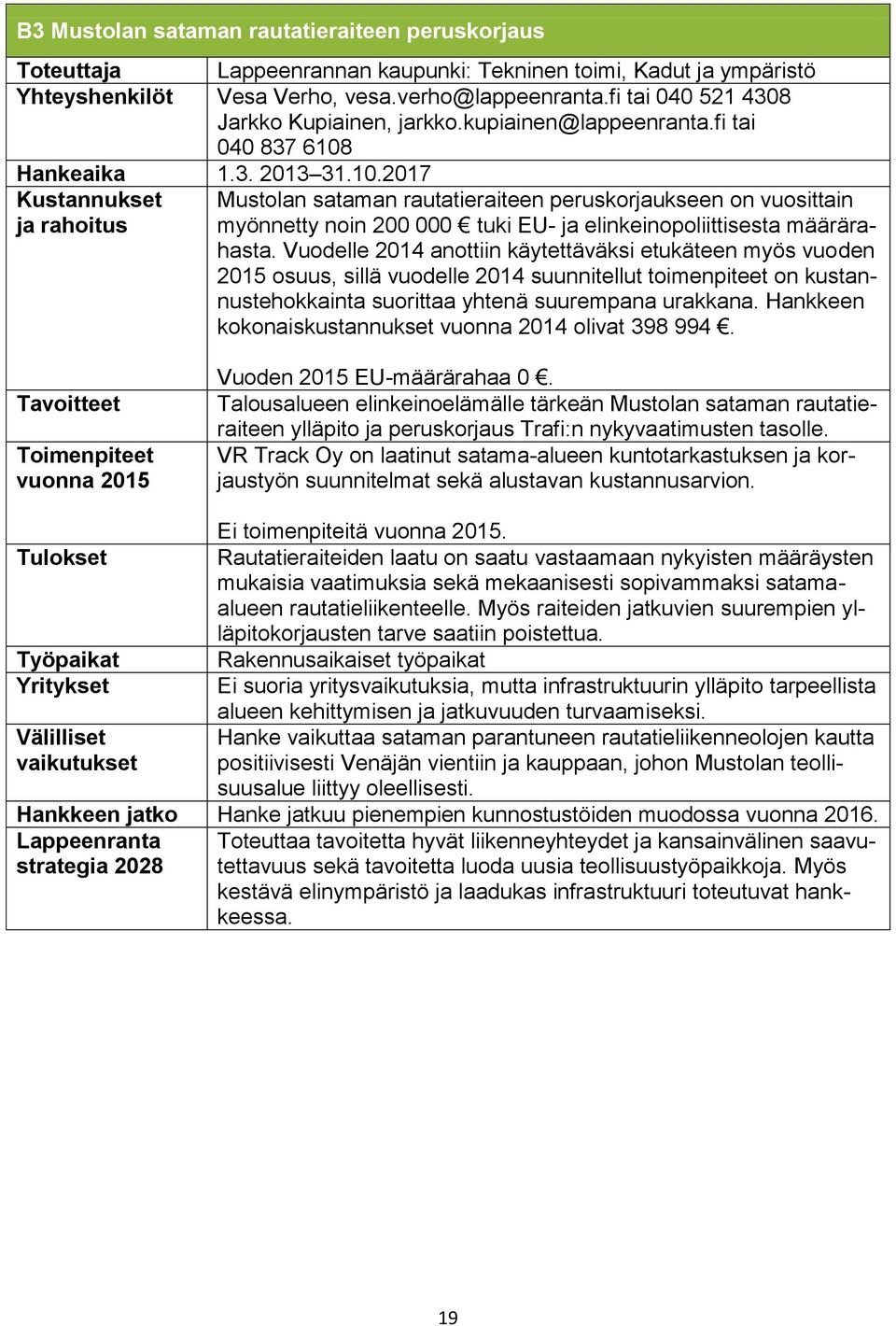 Hankeaika 1.3. 2013 31.10.2017 Kustannukset Mustolan sataman rautatieraiteen peruskorjaukseen on vuosittain myönnetty noin 200 000 tuki EU- ja elinkeinopoliittisesta määrärahasta.