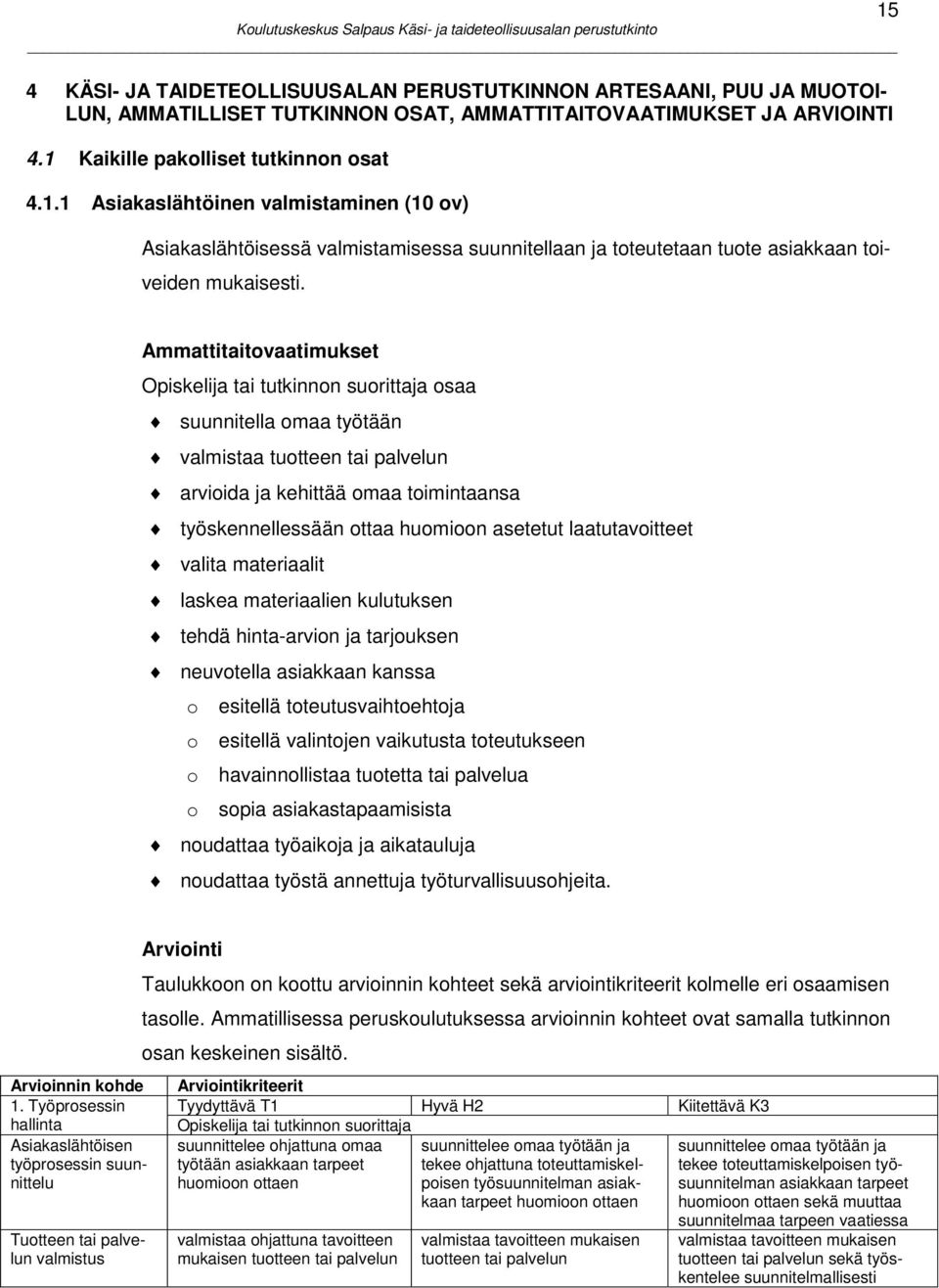 15 Ammattitaitovaatimukset Opiskelija tai tutkinnon suorittaja osaa suunnitella omaa työtään valmistaa tuotteen tai palvelun arvioida ja kehittää omaa toimintaansa työskennellessään ottaa huomioon