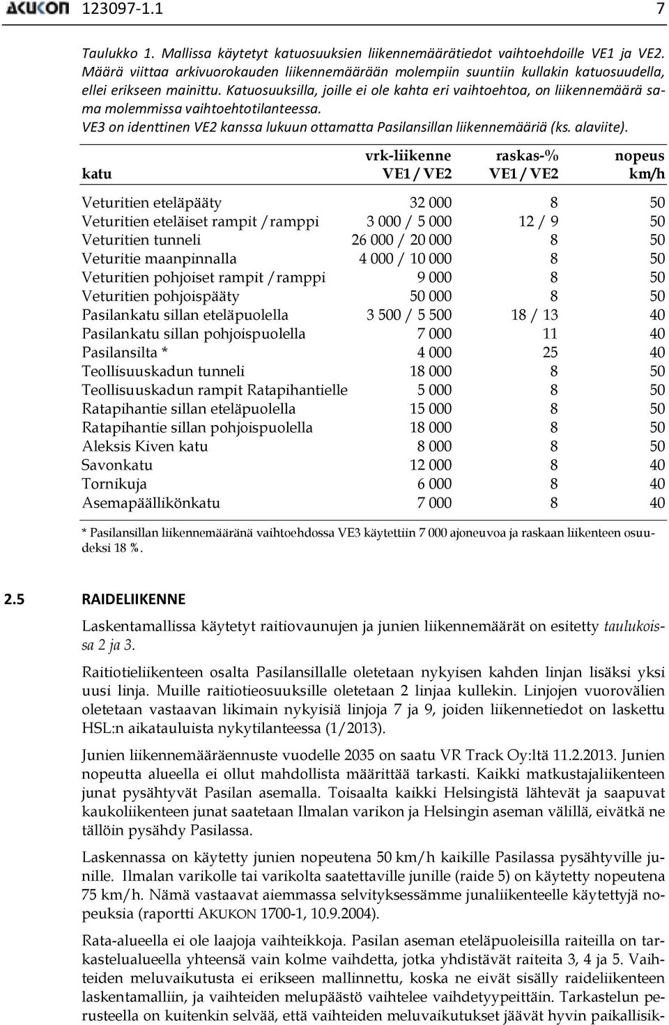 Katuosuuksilla, joille ei ole kahta eri vaihtoehtoa, on liikennemäärä sama molemmissa vaihtoehtotilanteessa. VE3 on identtinen VE2 kanssa lukuun ottamatta Pasilansillan liikennemääriä (ks. alaviite).