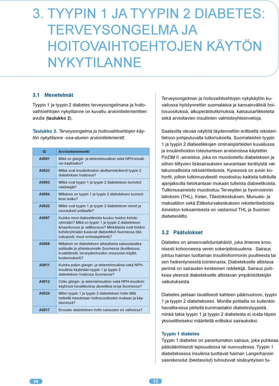 Terveysongelma ja hoitovaihtoehtojen käytön nykytilanne -osa-alueen arviointielementit. ID A0001 Arviointielementti Mikä on glargin- ja detemirinsuliinin sekä NPH-insuliinin käyttöaihe?