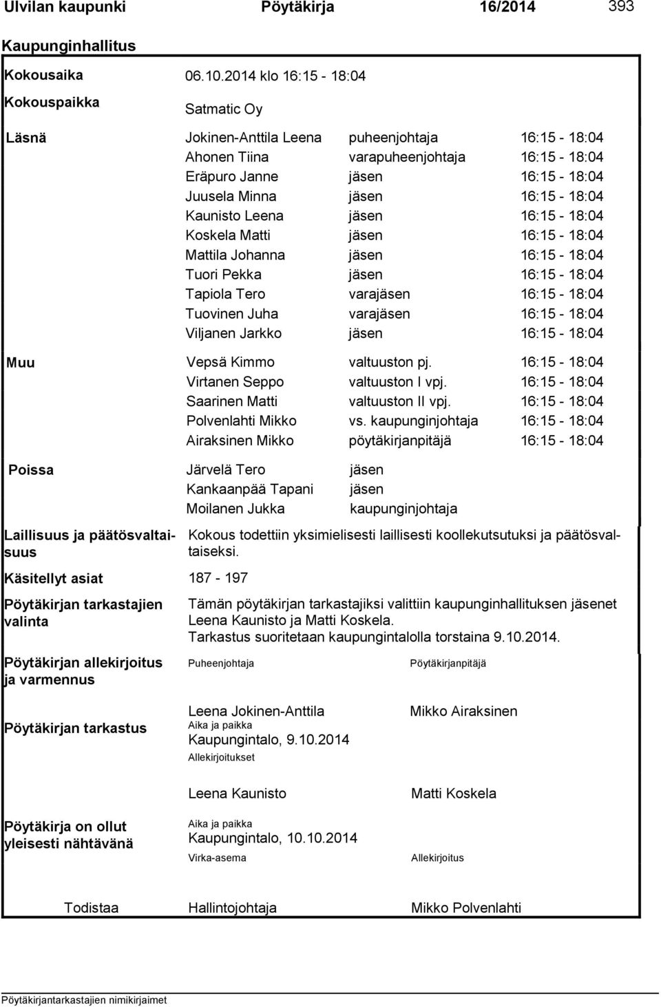 16:15-18:04 Kaunisto Leena jäsen 16:15-18:04 Koskela Matti jäsen 16:15-18:04 Mattila Johanna jäsen 16:15-18:04 Tuori Pekka jäsen 16:15-18:04 Tapiola Tero varajäsen 16:15-18:04 Tuovinen Juha varajäsen