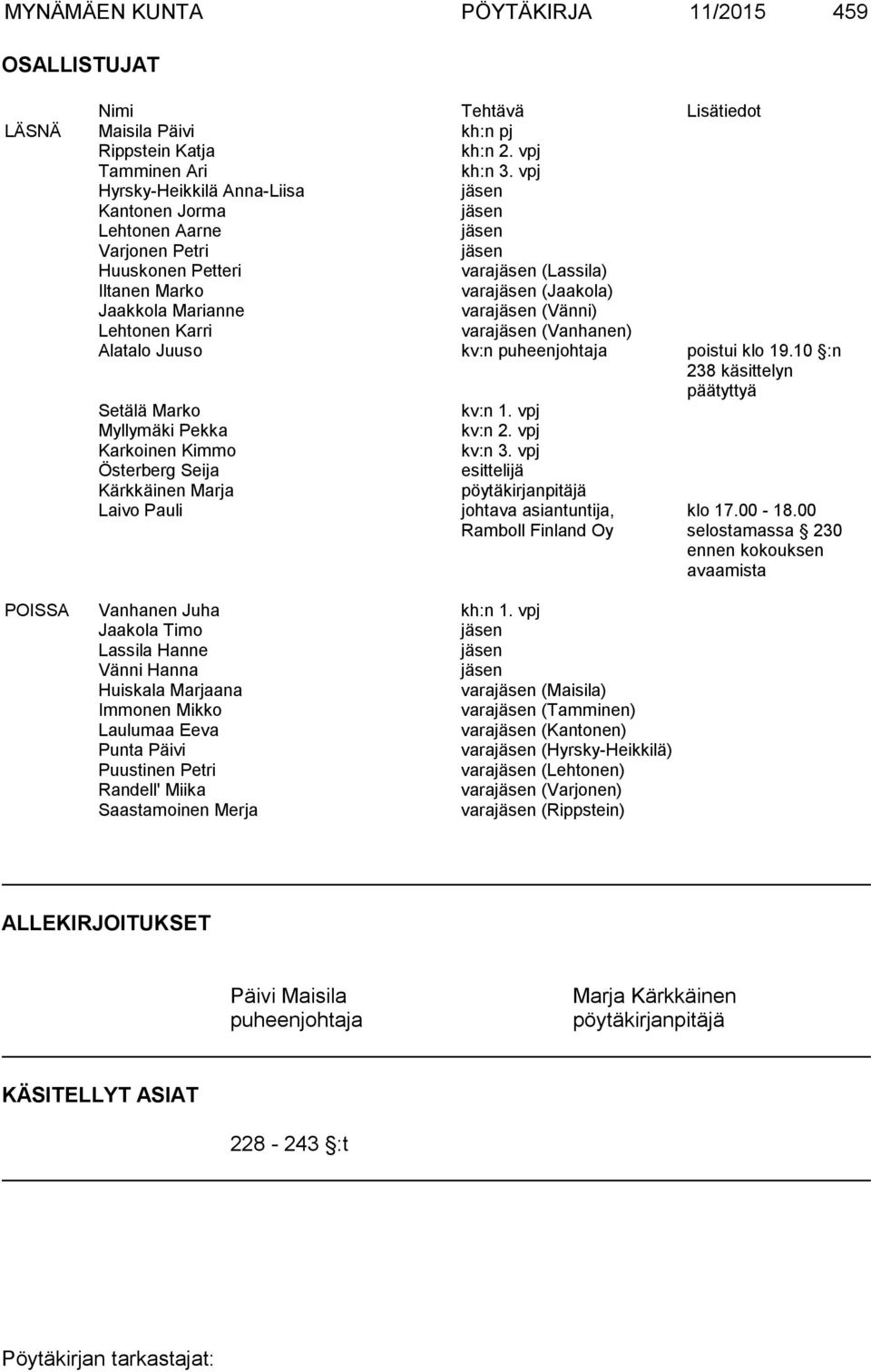(Vänni) Lehtonen Karri varajäsen (Vanhanen) Alatalo Juuso kv:n puheenjohtaja poistui klo 19.10 :n 238 käsittelyn päätyttyä Setälä Marko kv:n 1. vpj Myllymäki Pekka kv:n 2. vpj Karkoinen Kimmo kv:n 3.