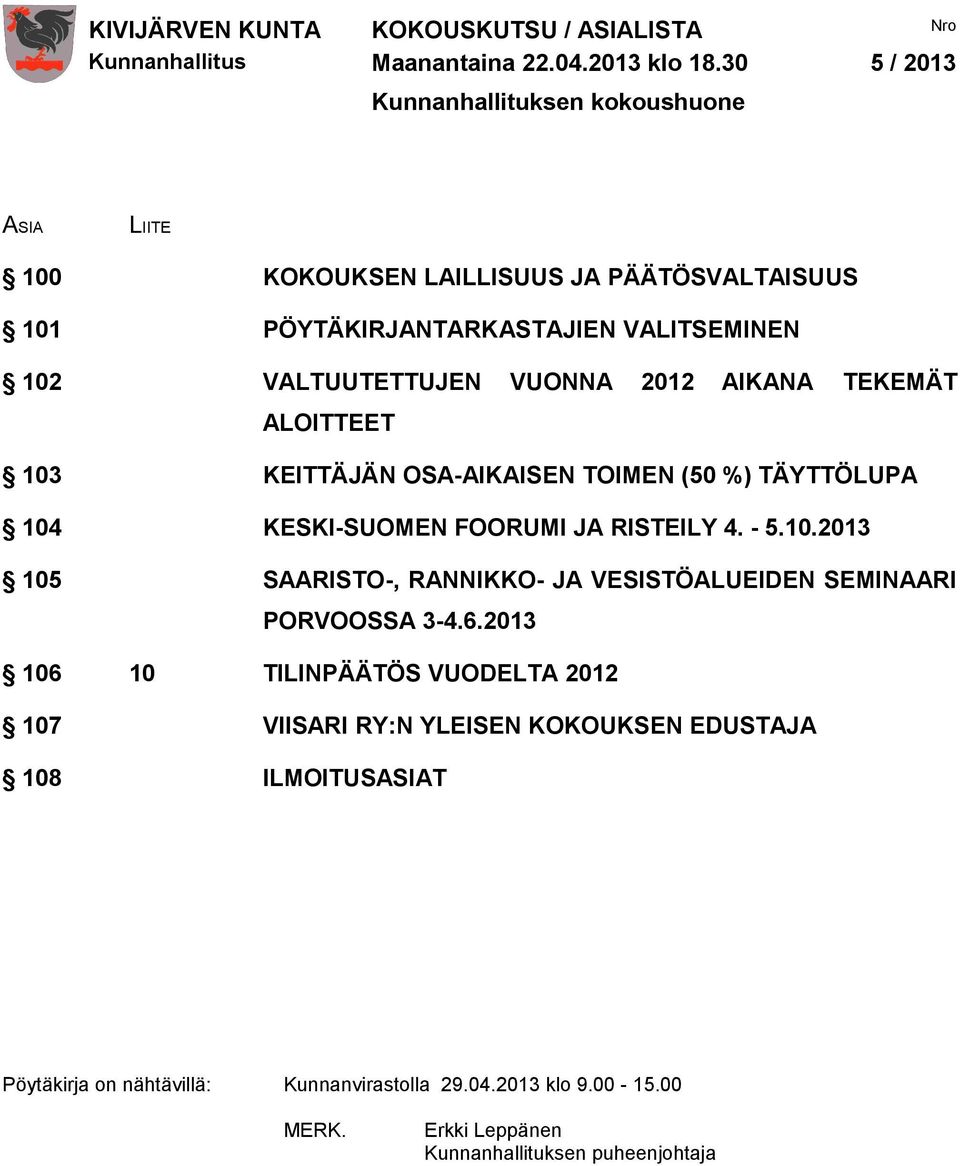 VUONNA 2012 AIKANA TEKEMÄT ALOITTEET 103 KEITTÄJÄN OSA-AIKAISEN TOIMEN (50 %) TÄYTTÖLUPA 104 KESKI-SUOMEN FOORUMI JA RISTEILY 4. - 5.10.2013 105 SAARISTO-, RANNIKKO- JA VESISTÖALUEIDEN SEMINAARI PORVOOSSA 3-4.