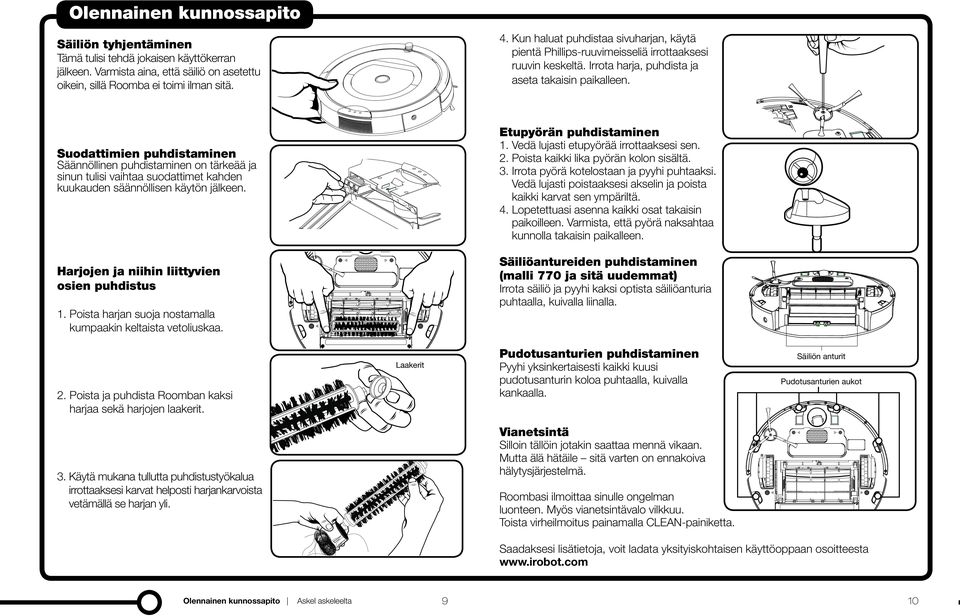 Vedä lujasti etupyörää irrottaaksesi sen. 2. Poista kaikki lika pyörän kolon sisältä. 3. I rrota pyörä kotelostaan ja pyyhi puhtaaksi.