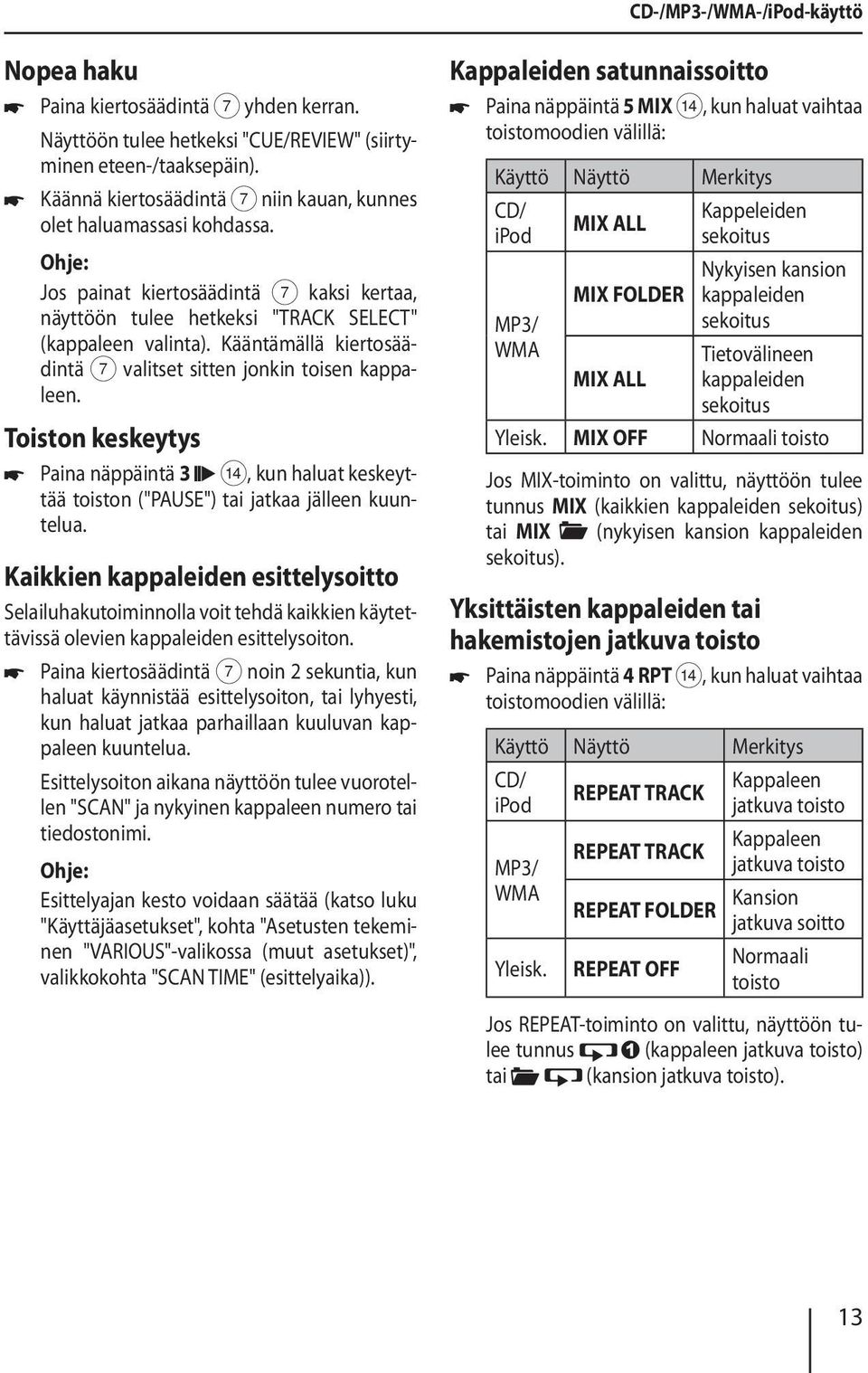 Kääntämällä kiertosäädintä 7 valitset sitten jonkin toisen kappaleen. Toiston keskeytys Paina näppäintä 3 >, kun haluat keskeyttää toiston ("PAUSE") tai jatkaa jälleen kuuntelua.