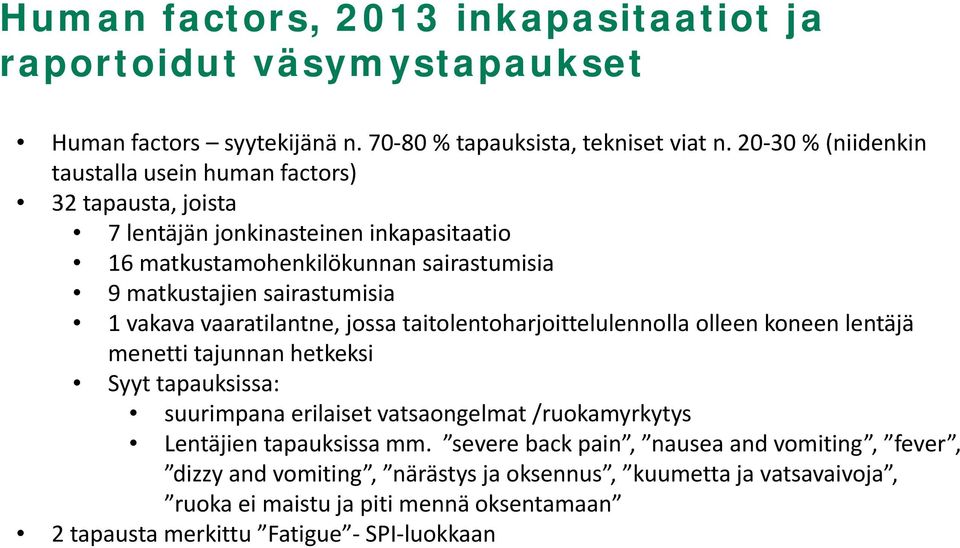 sairastumisia 1 vakava vaaratilantne, jossa taitolentoharjoittelulennolla olleen koneen lentäjä menetti tajunnan hetkeksi Syyt tapauksissa: suurimpana erilaiset vatsaongelmat